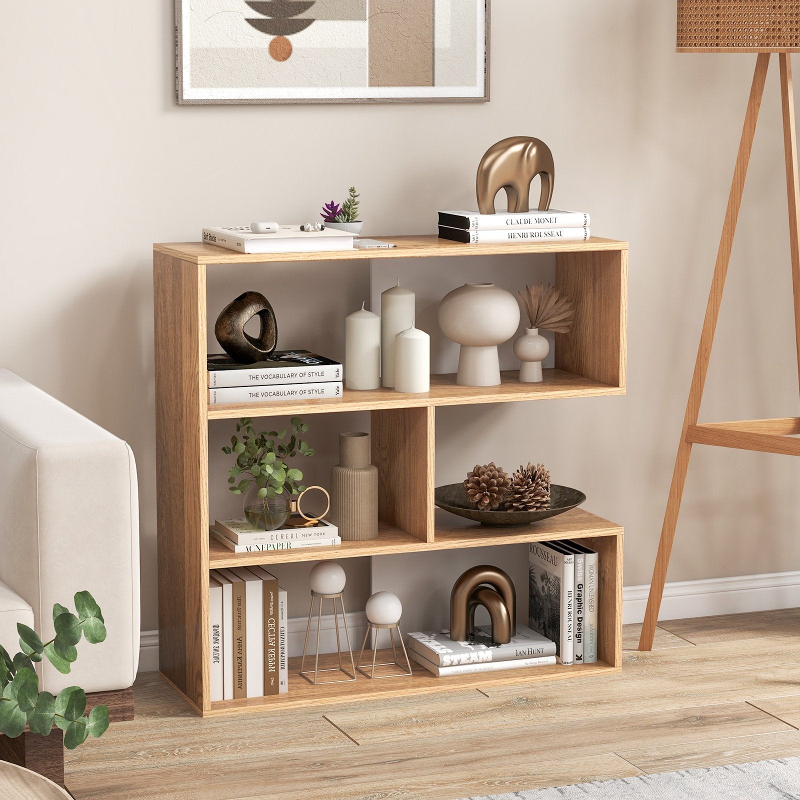 Concave Bookshelf 3-Shelf Open Bookcase with Anti-Toppling Device for Living Room Study Office, Natural Bookcases   at Gallery Canada