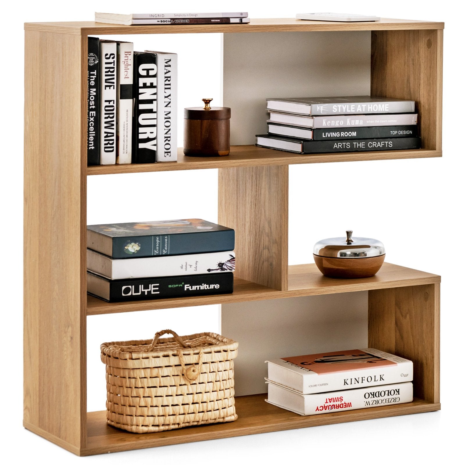 Concave Bookshelf 3-Shelf Open Bookcase with Anti-Toppling Device for Living Room Study Office, Natural Bookcases   at Gallery Canada