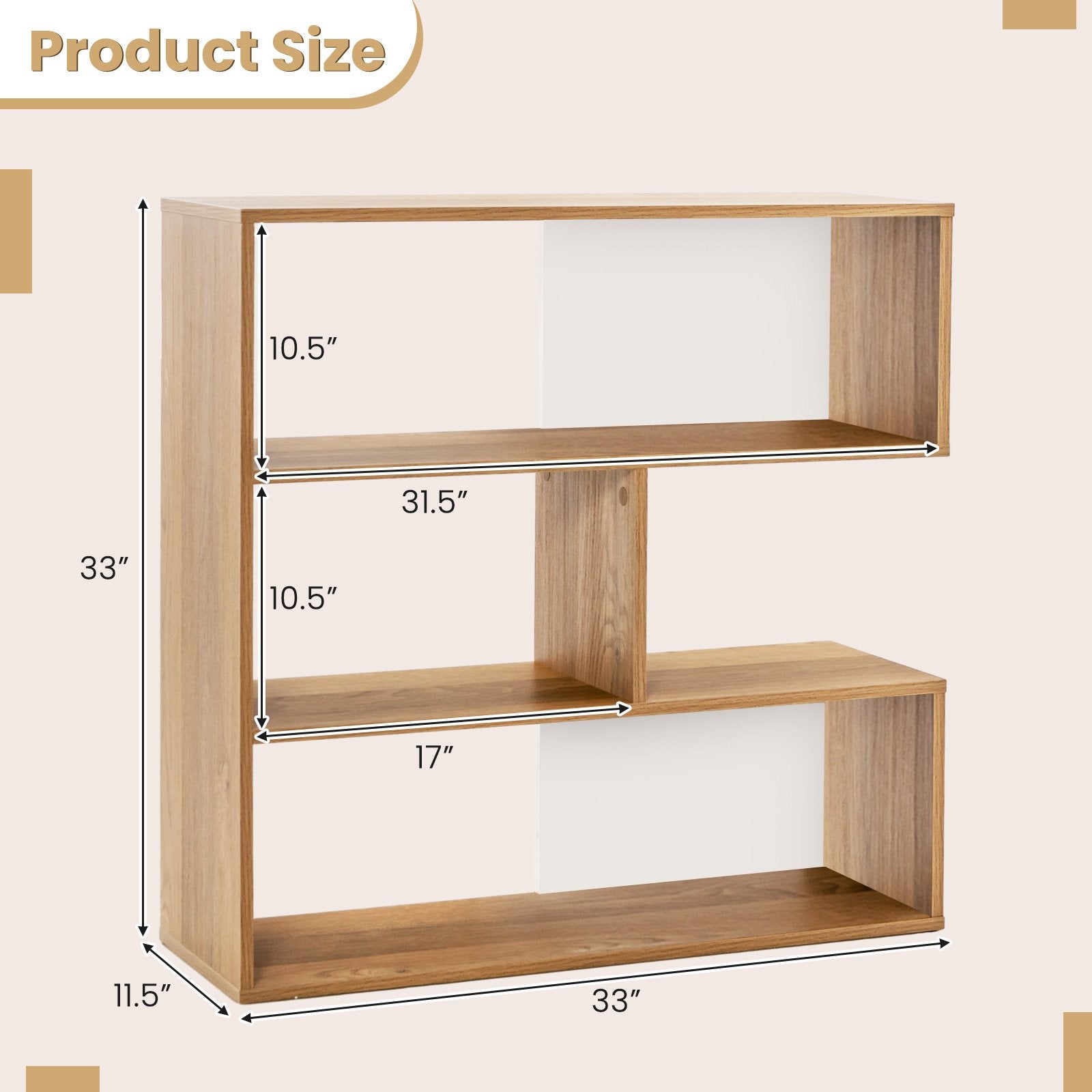 Concave Bookshelf 3-Shelf Open Bookcase with Anti-Toppling Device for Living Room Study Office, Natural Bookcases   at Gallery Canada