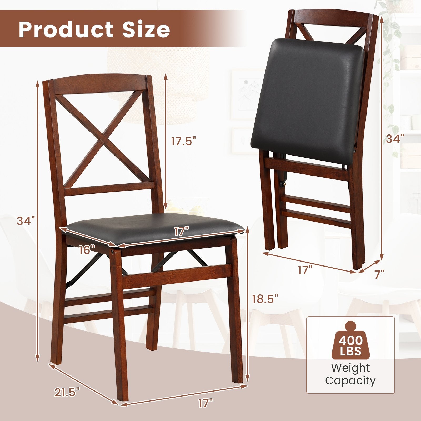 Set of 2 Folding Dining Chairs with 400 LBS Capacity, Brown Dining Chairs   at Gallery Canada