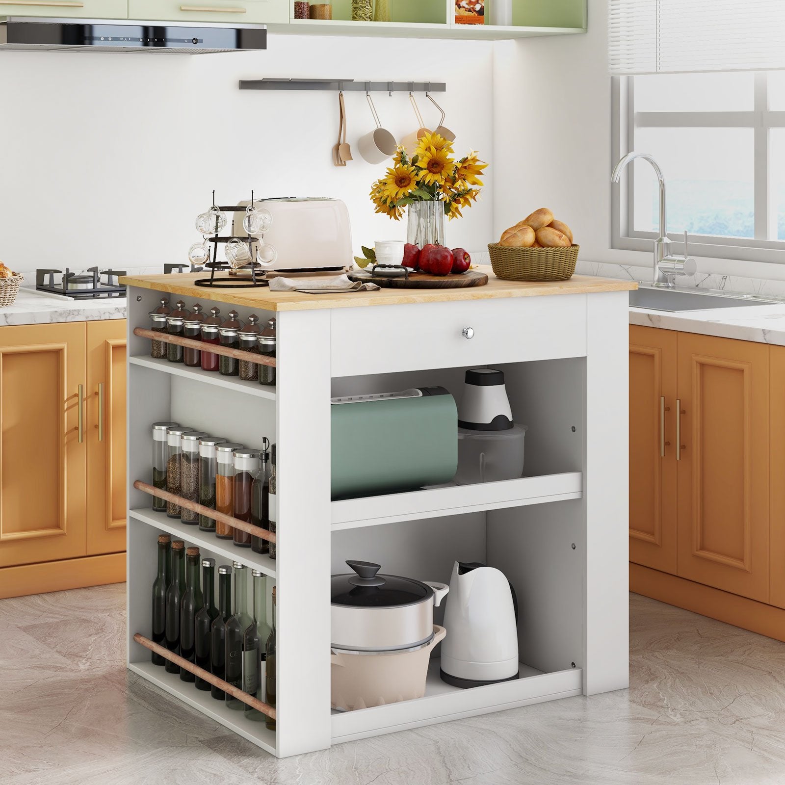 Modern Kitchen Island with Rubber Wood Countertop and Storage, White Kitchen Islands & Carts   at Gallery Canada