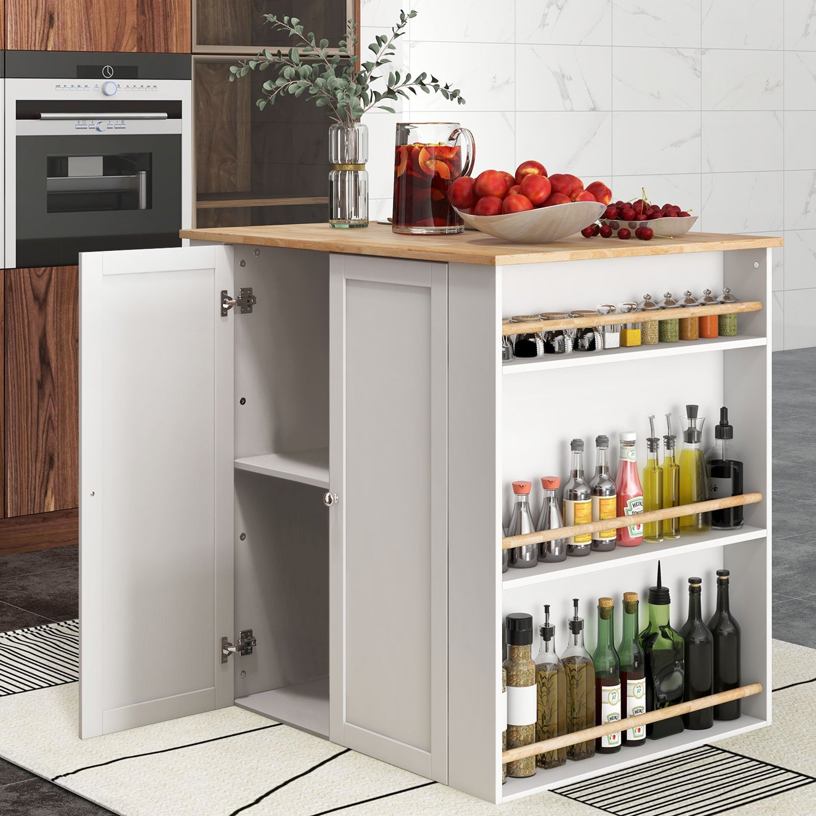 Modern Kitchen Island with Rubber Wood Countertop and Storage, White Kitchen Islands & Carts   at Gallery Canada