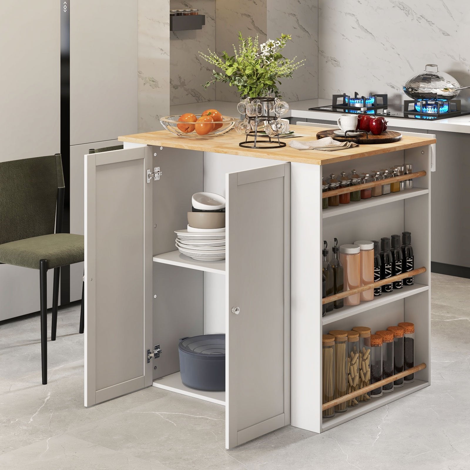 Modern Kitchen Island with Rubber Wood Countertop and Storage, White Kitchen Islands & Carts   at Gallery Canada