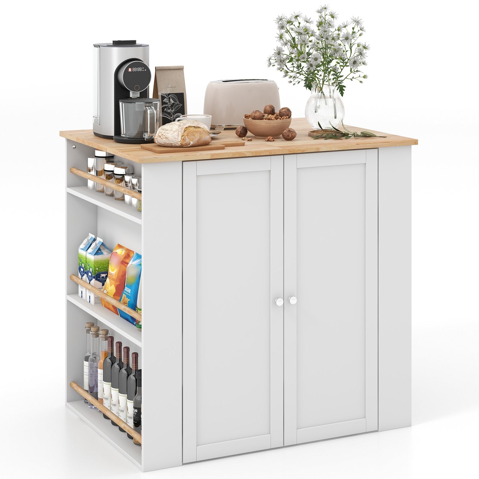 Modern Kitchen Island with Rubber Wood Countertop and Storage, White Kitchen Islands & Carts   at Gallery Canada