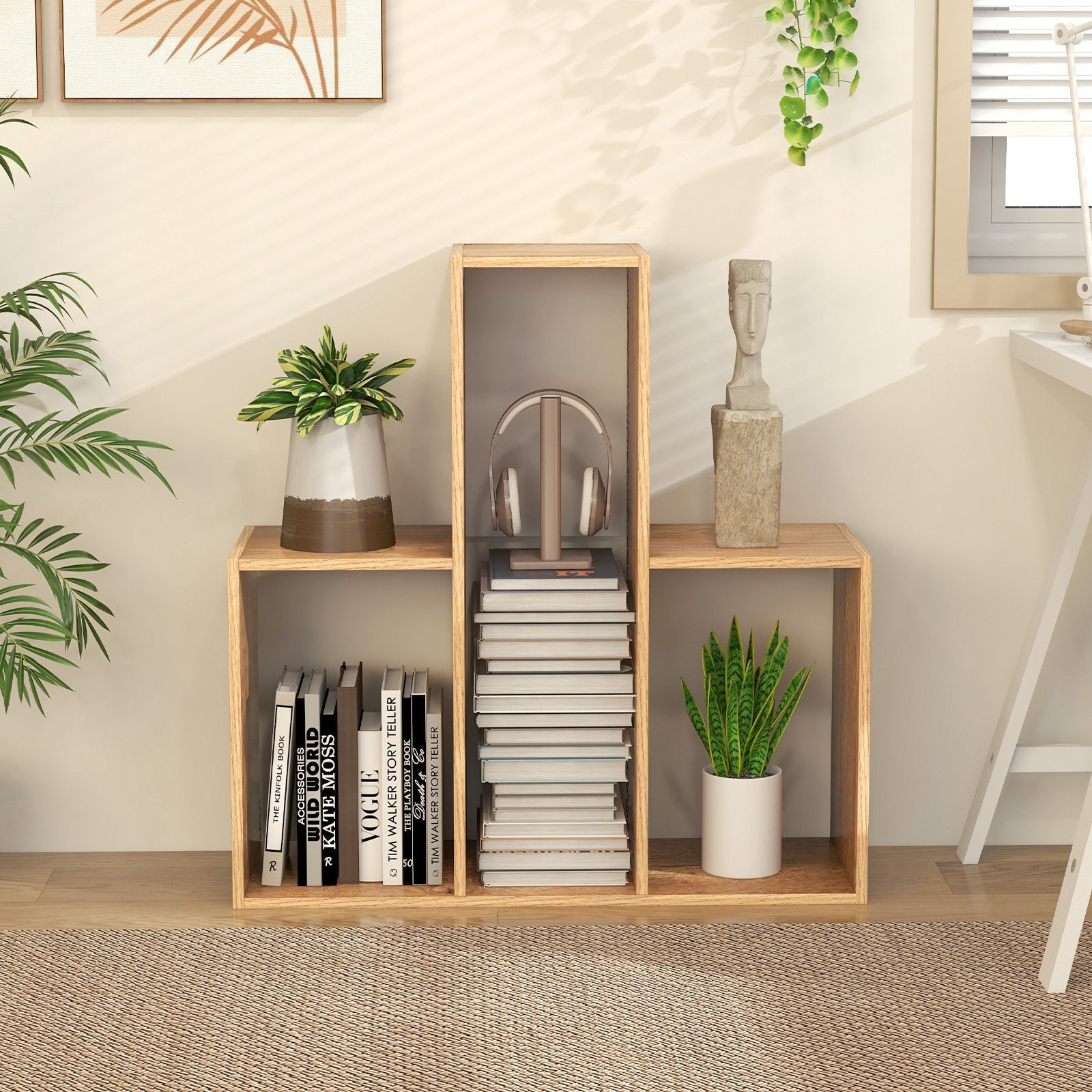 Convex Bookshelf 3-Shelf Open Bookcase Room Organizer with Anti-Toppling Device, Natural Bookcases   at Gallery Canada