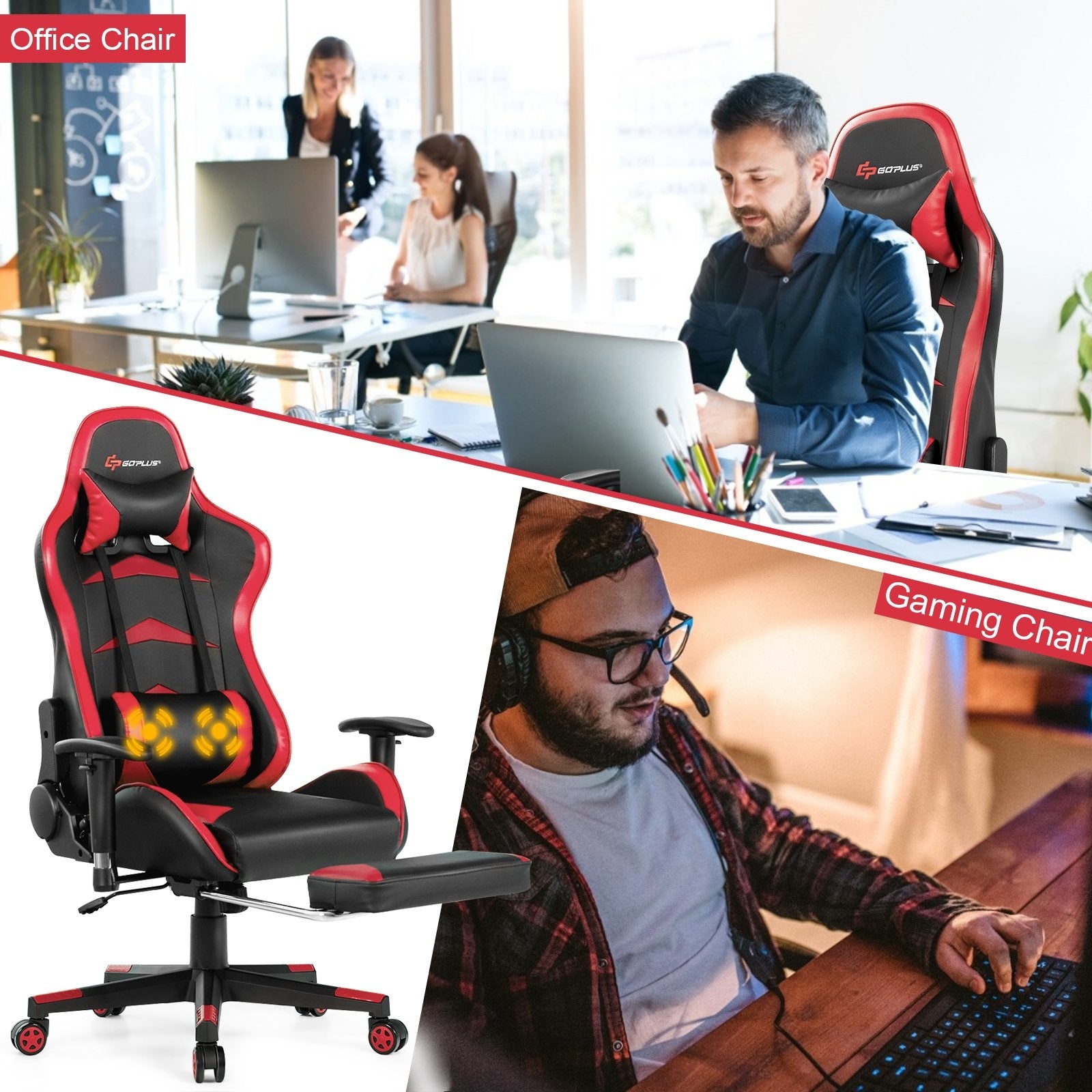 Massage Gaming Chair with Footrest, Red Gaming Chairs   at Gallery Canada