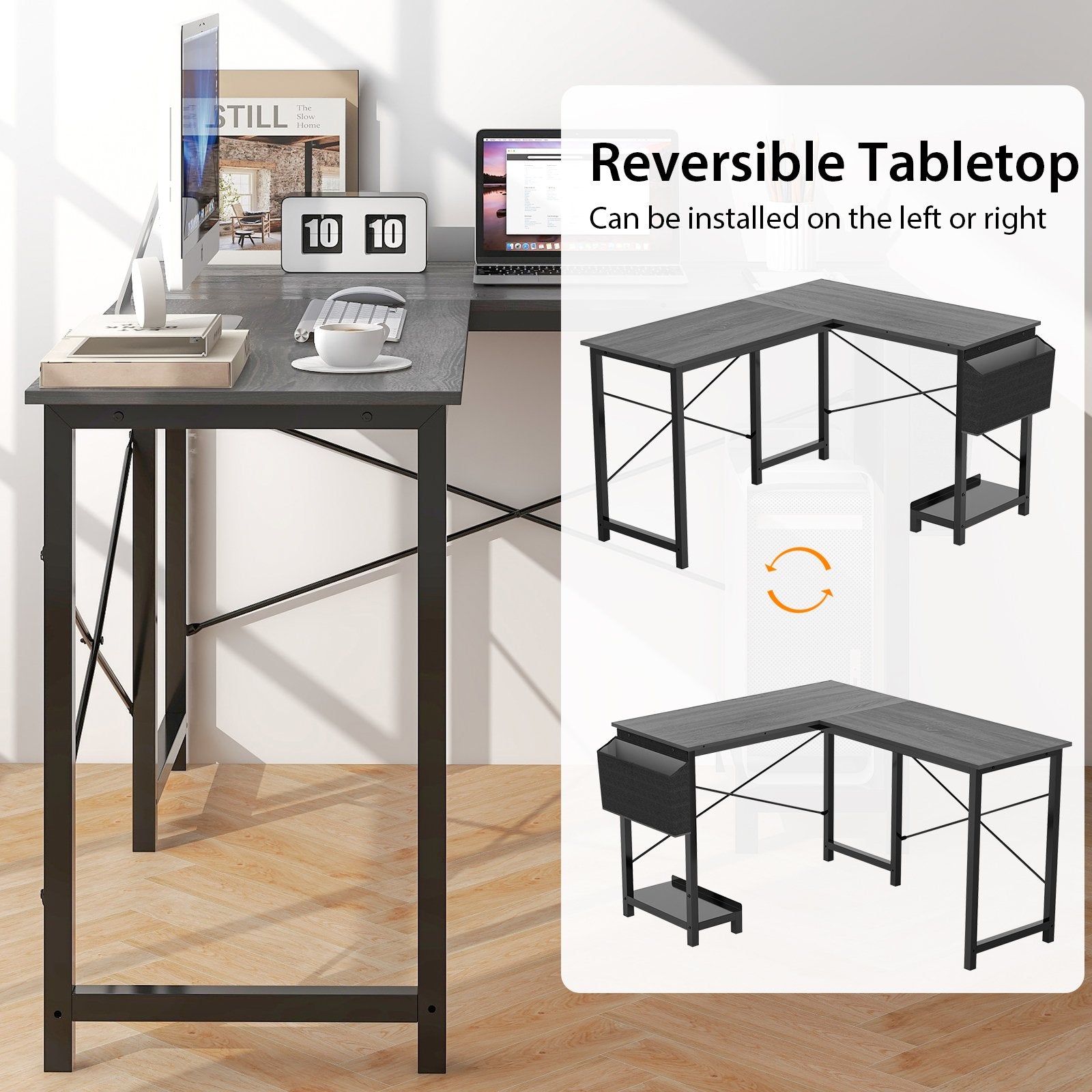 Modern Reversible Computer Desk with Storage Pocket and CPU Stand for Working Writing Gaming, Dark Gray L-Shaped Desks   at Gallery Canada