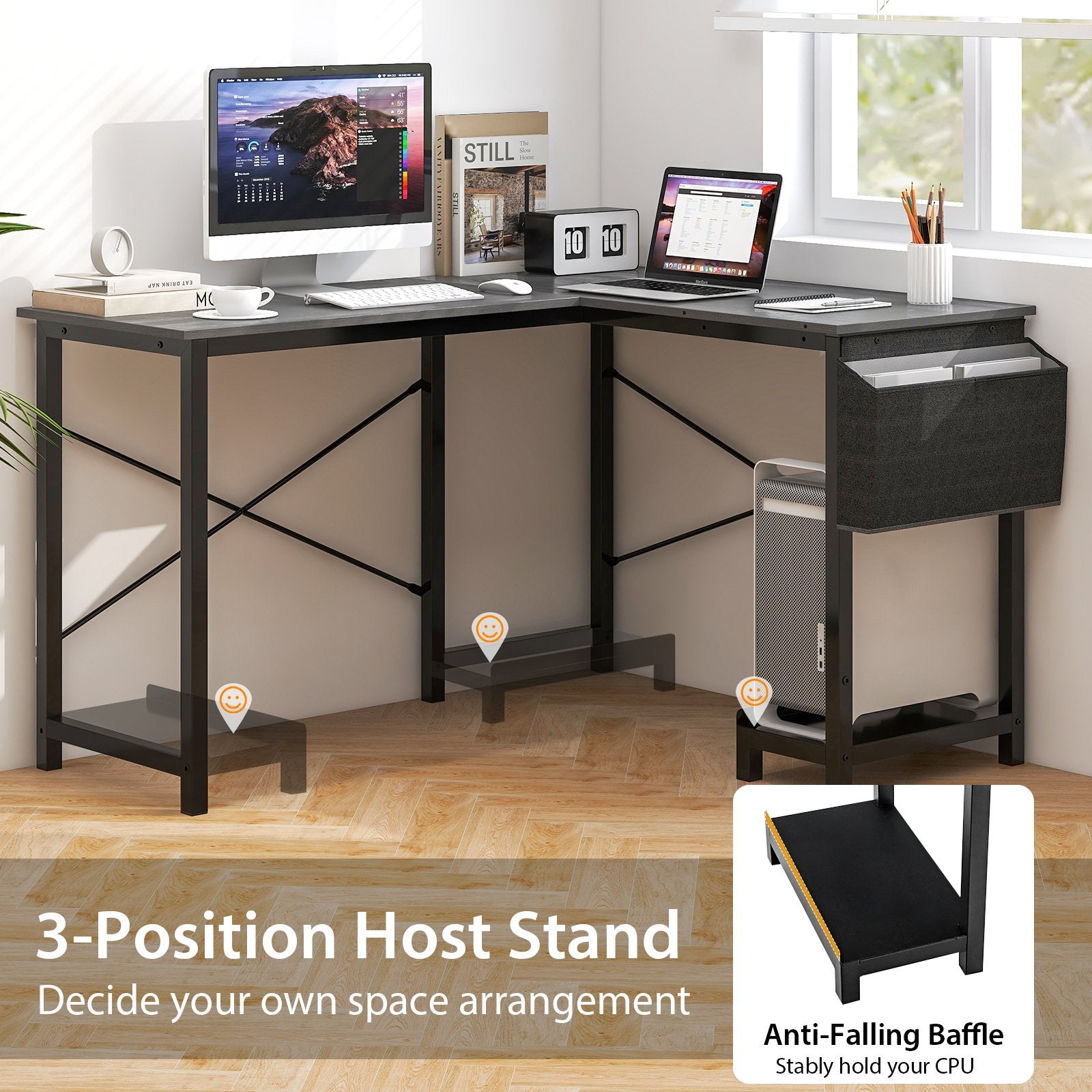 Modern Reversible Computer Desk with Storage Pocket and CPU Stand for Working Writing Gaming, Dark Gray L-Shaped Desks   at Gallery Canada