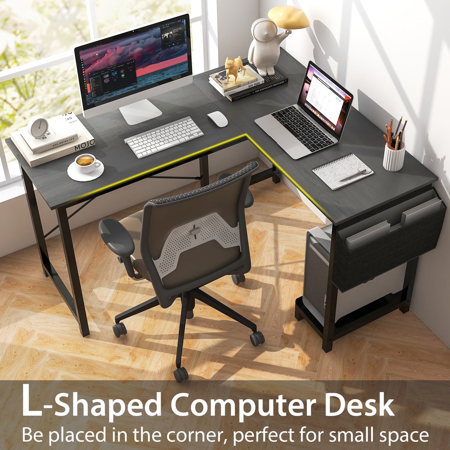 Modern Reversible Computer Desk with Storage Pocket and CPU Stand for Working Writing Gaming, Dark Gray L-Shaped Desks   at Gallery Canada