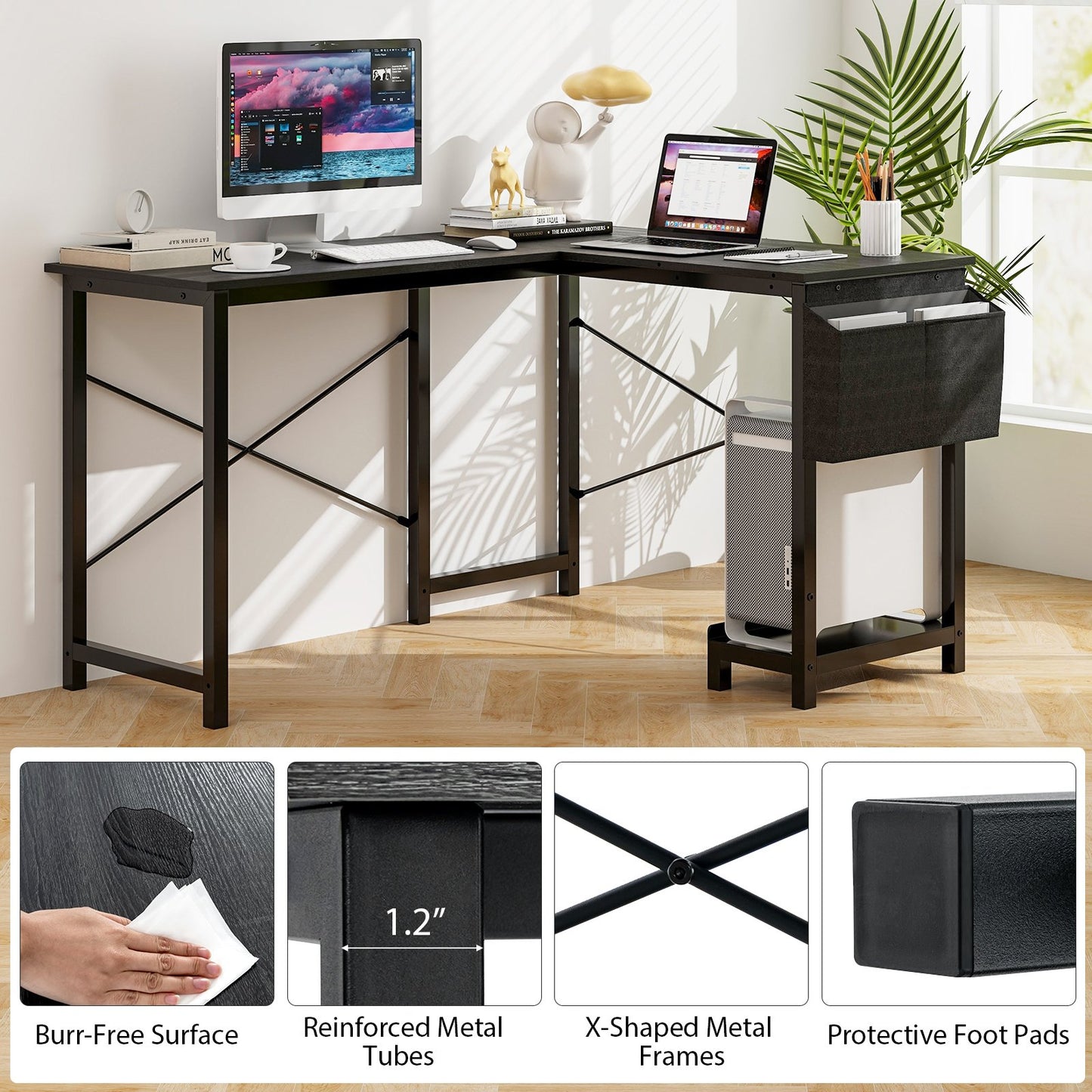 Modern Reversible Computer Desk with Storage Pocket and CPU Stand for Working Writing Gaming, Dark Gray L-Shaped Desks   at Gallery Canada