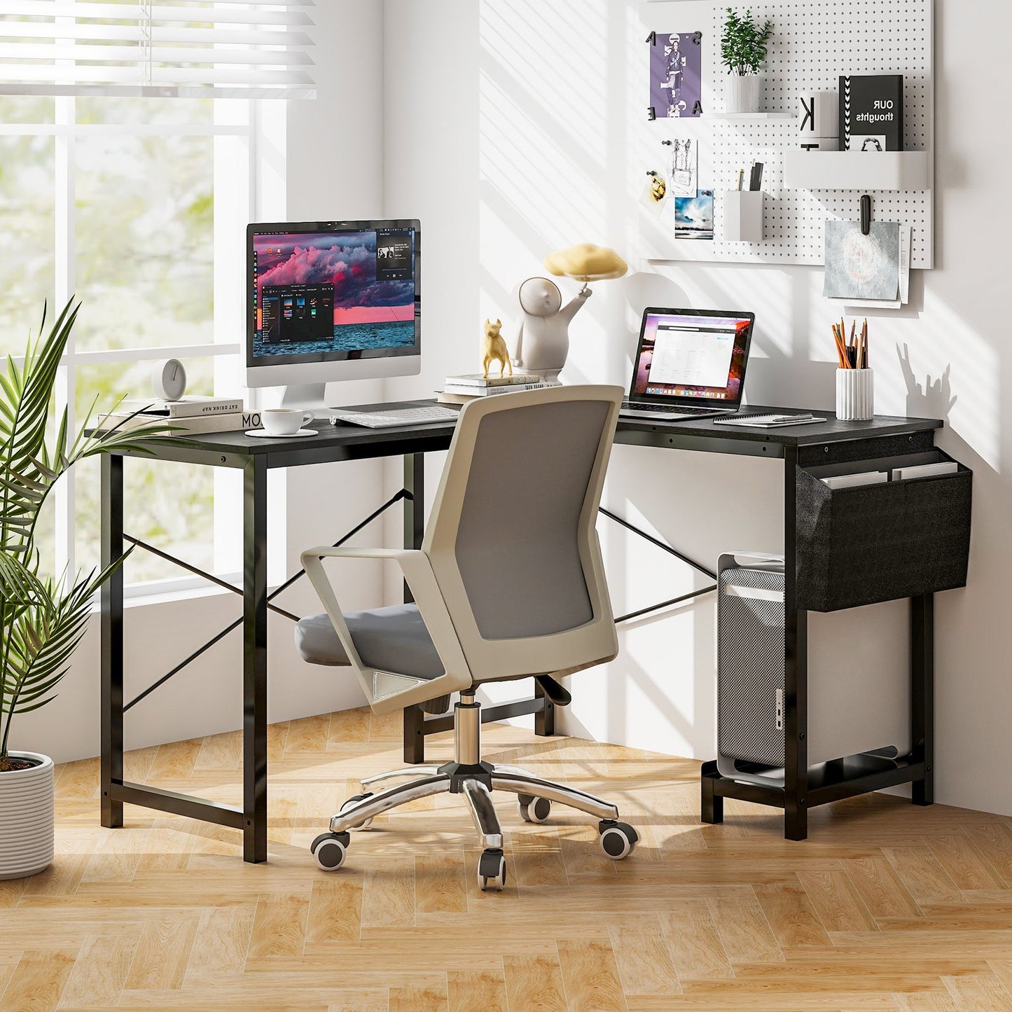 Modern Reversible Computer Desk with Storage Pocket and CPU Stand for Working Writing Gaming, Dark Gray L-Shaped Desks   at Gallery Canada