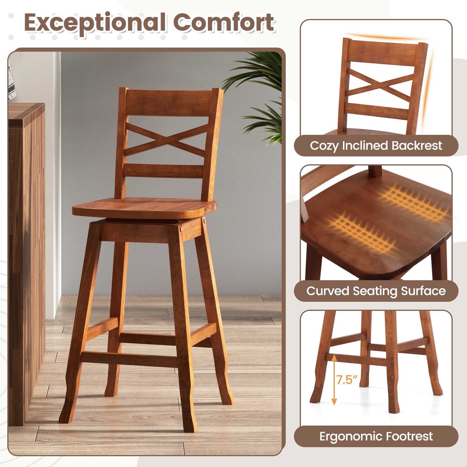 Swivel 24-Inch Counter Height Stool Set of 2 with Inclined Backrest, Walnut Bar Stools   at Gallery Canada