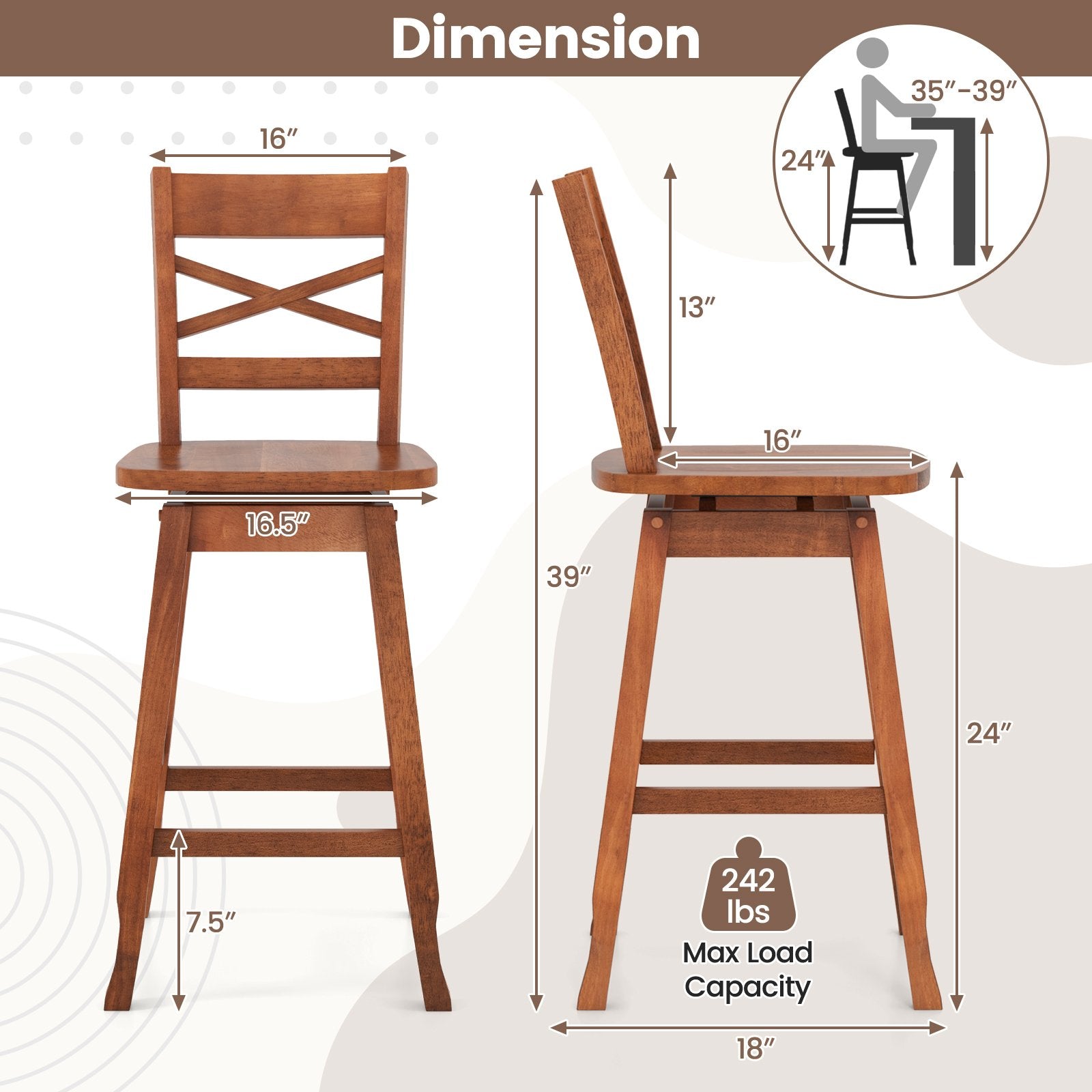 Swivel 24-Inch Counter Height Stool Set of 2 with Inclined Backrest, Walnut Bar Stools   at Gallery Canada