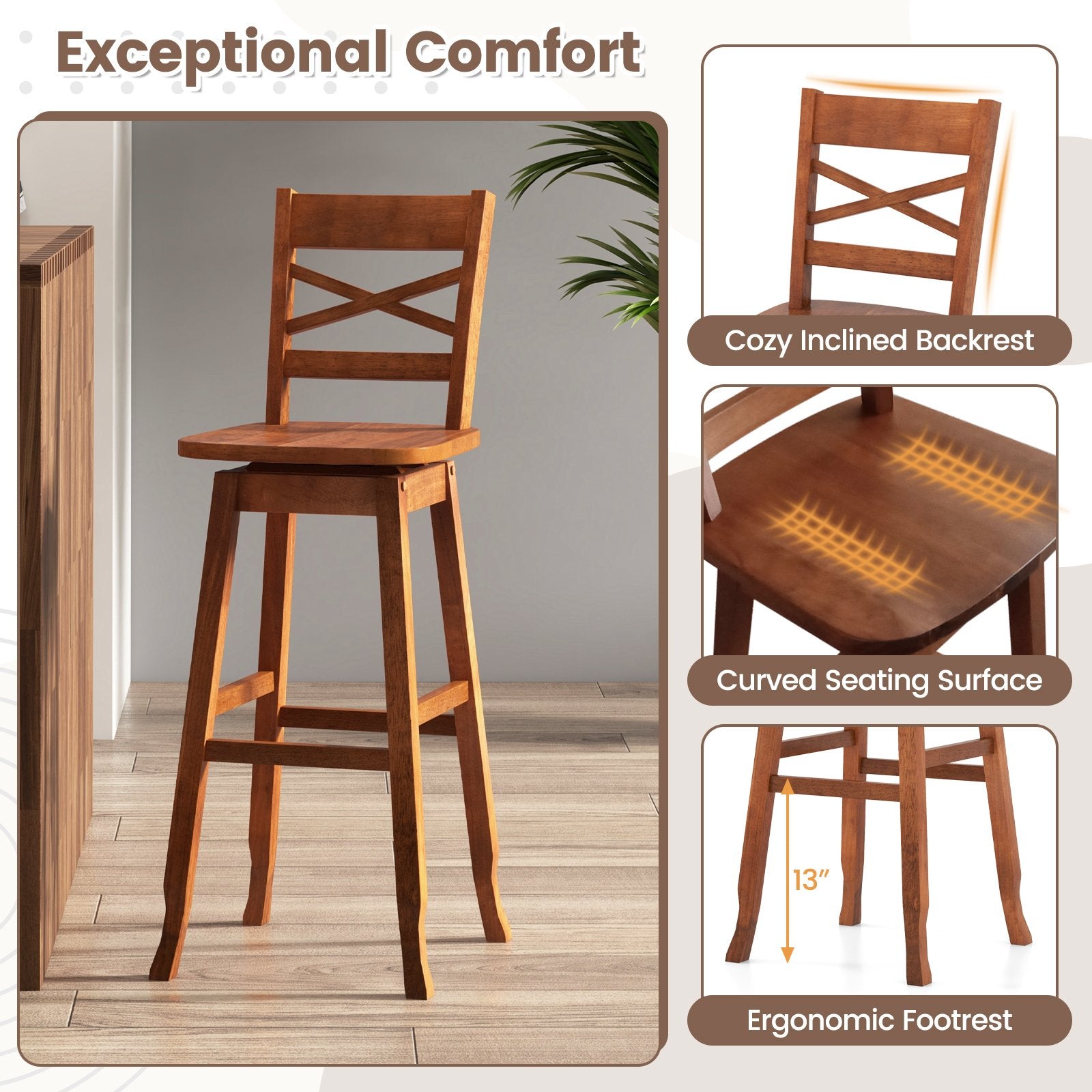 Swivel 30-Inch Bar Height Stool Set of 2 with Footrest, Walnut Bar Stools   at Gallery Canada