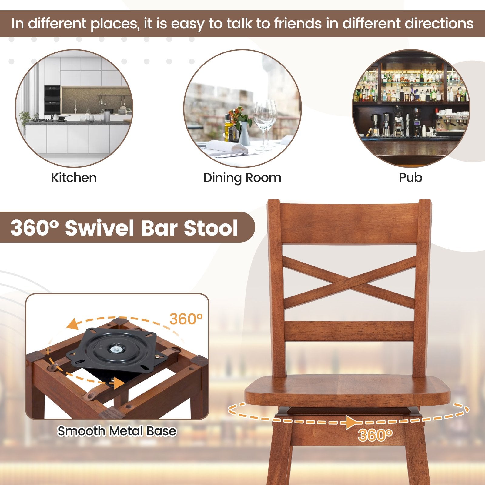 Swivel 30-Inch Bar Height Stool Set of 2 with Footrest, Walnut Bar Stools   at Gallery Canada