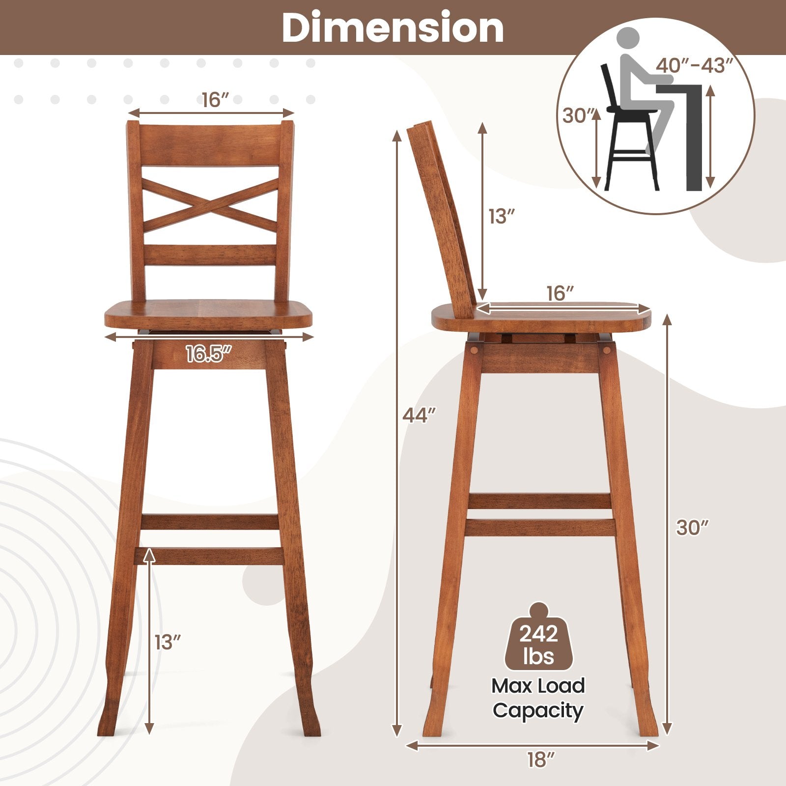 Swivel 30-Inch Bar Height Stool Set of 2 with Footrest, Walnut Bar Stools   at Gallery Canada