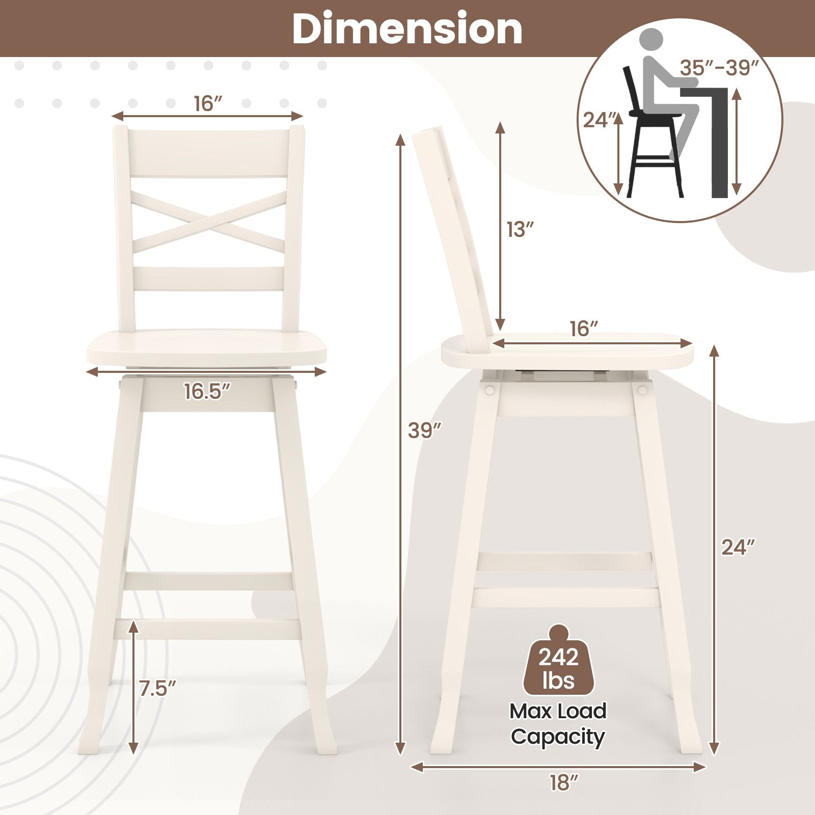 Swivel 24-Inch Counter Height Stool Set of 2 with Inclined Backrest, White Bar Stools   at Gallery Canada