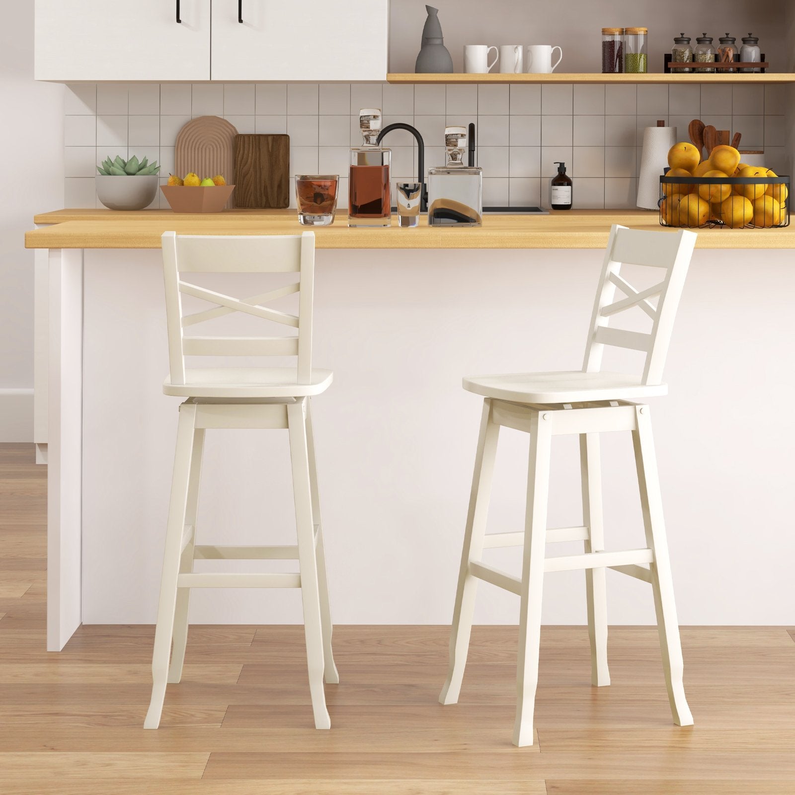 Swivel 30-Inch Bar Height Stool Set of 2 with Footrest, White Bar Stools   at Gallery Canada