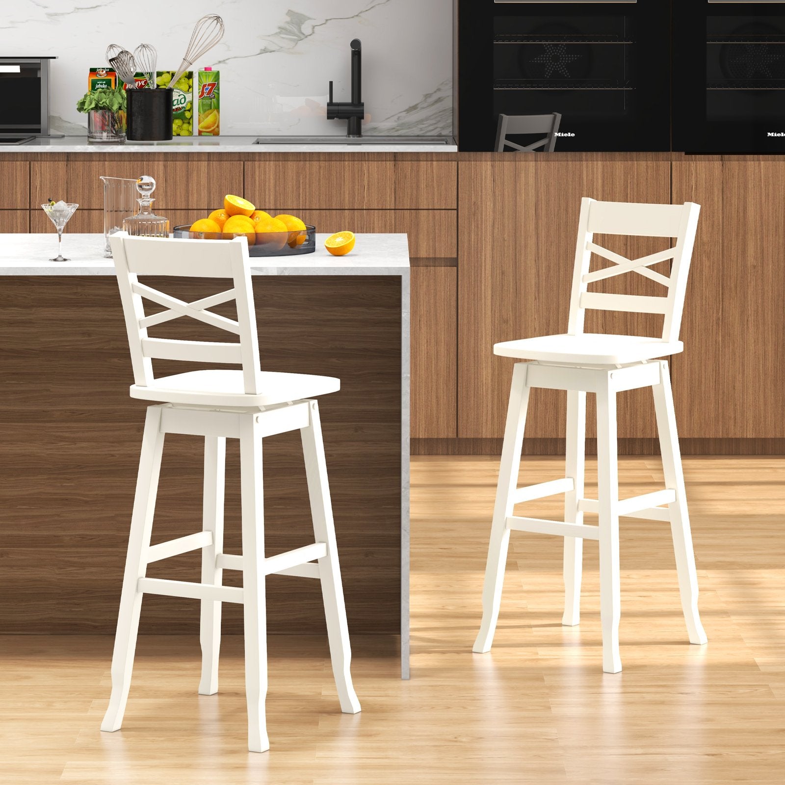 Swivel 30-Inch Bar Height Stool Set of 2 with Footrest, White Bar Stools   at Gallery Canada