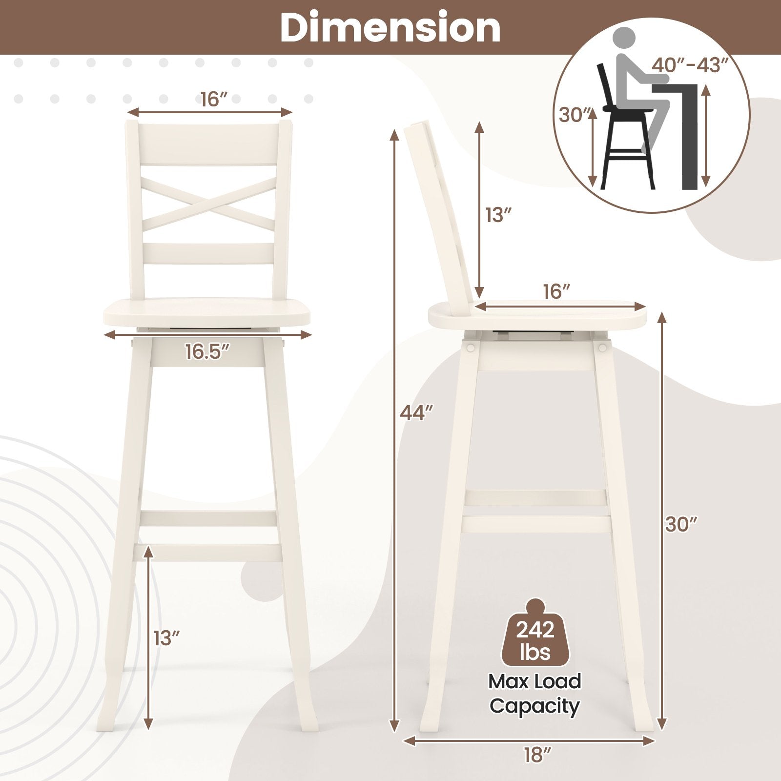 Swivel 30-Inch Bar Height Stool Set of 2 with Footrest, White Bar Stools   at Gallery Canada