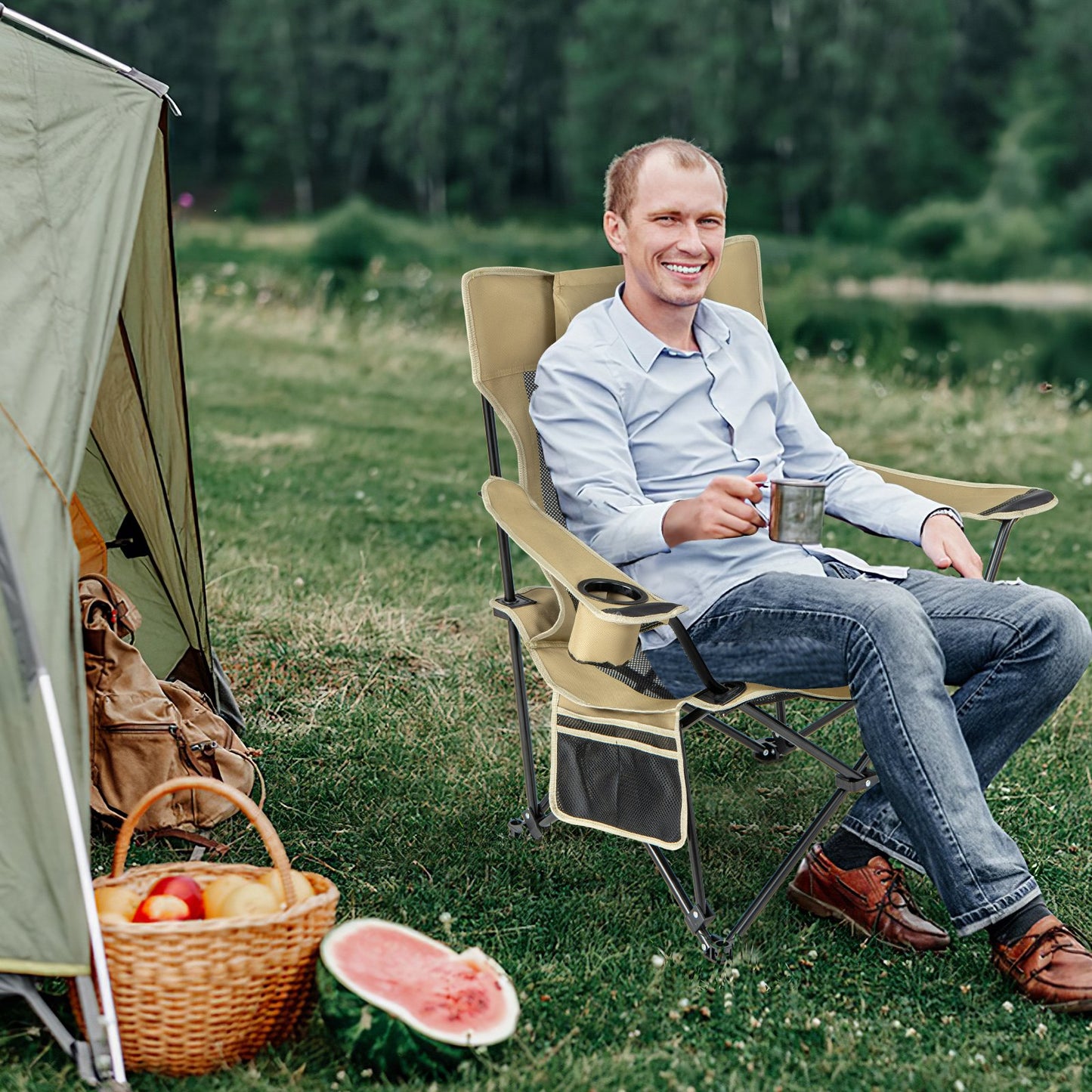 Camping Lounge Chair with Detachable Footrest Adjustable Backrest, Khaki Camping Furniture   at Gallery Canada