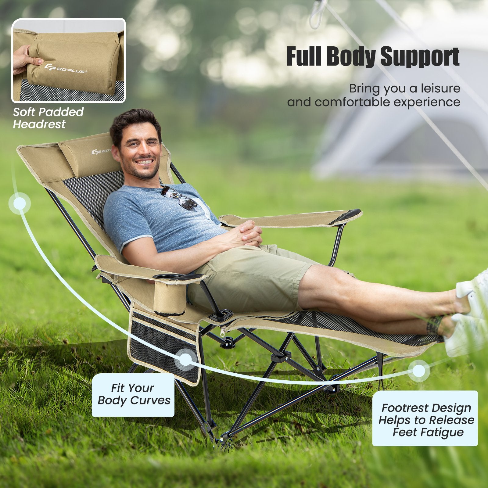 Camping Lounge Chair with Detachable Footrest Adjustable Backrest, Khaki Camping Furniture   at Gallery Canada