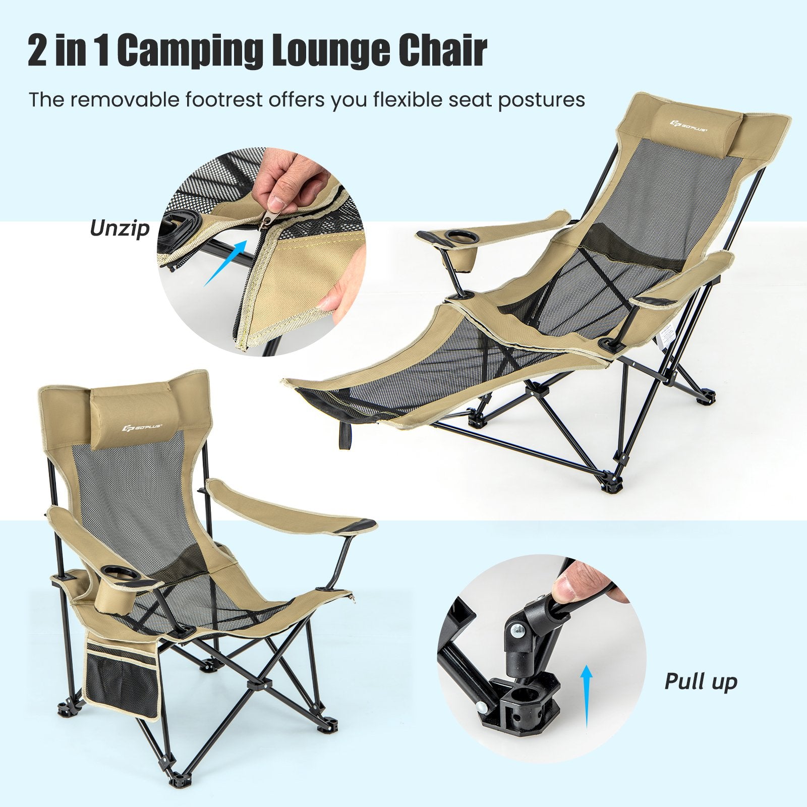 Camping Lounge Chair with Detachable Footrest Adjustable Backrest, Khaki Camping Furniture   at Gallery Canada