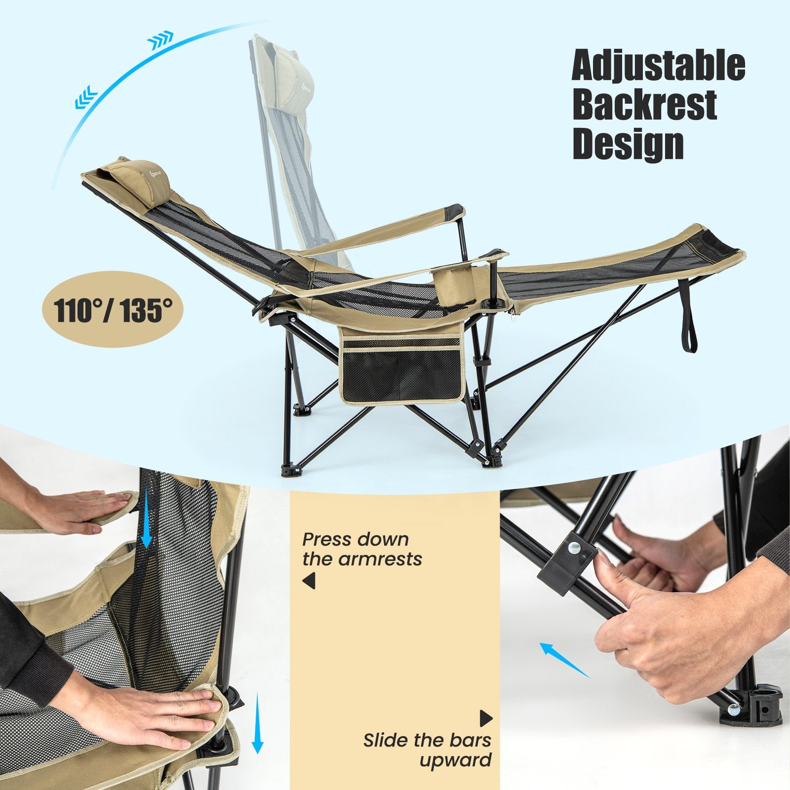 Camping Lounge Chair with Detachable Footrest Adjustable Backrest, Khaki Camping Furniture   at Gallery Canada