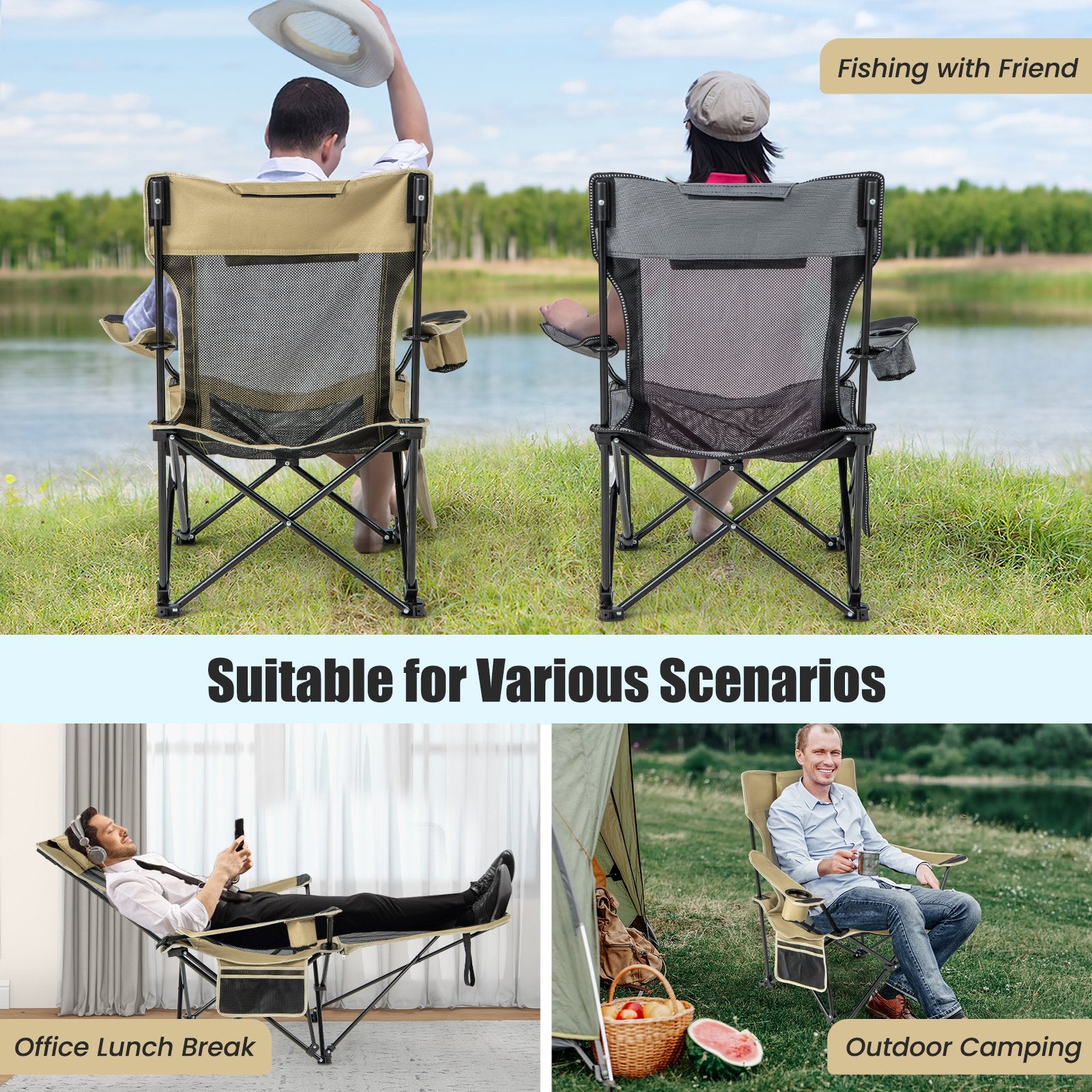 Camping Lounge Chair with Detachable Footrest Adjustable Backrest, Khaki Camping Furniture   at Gallery Canada