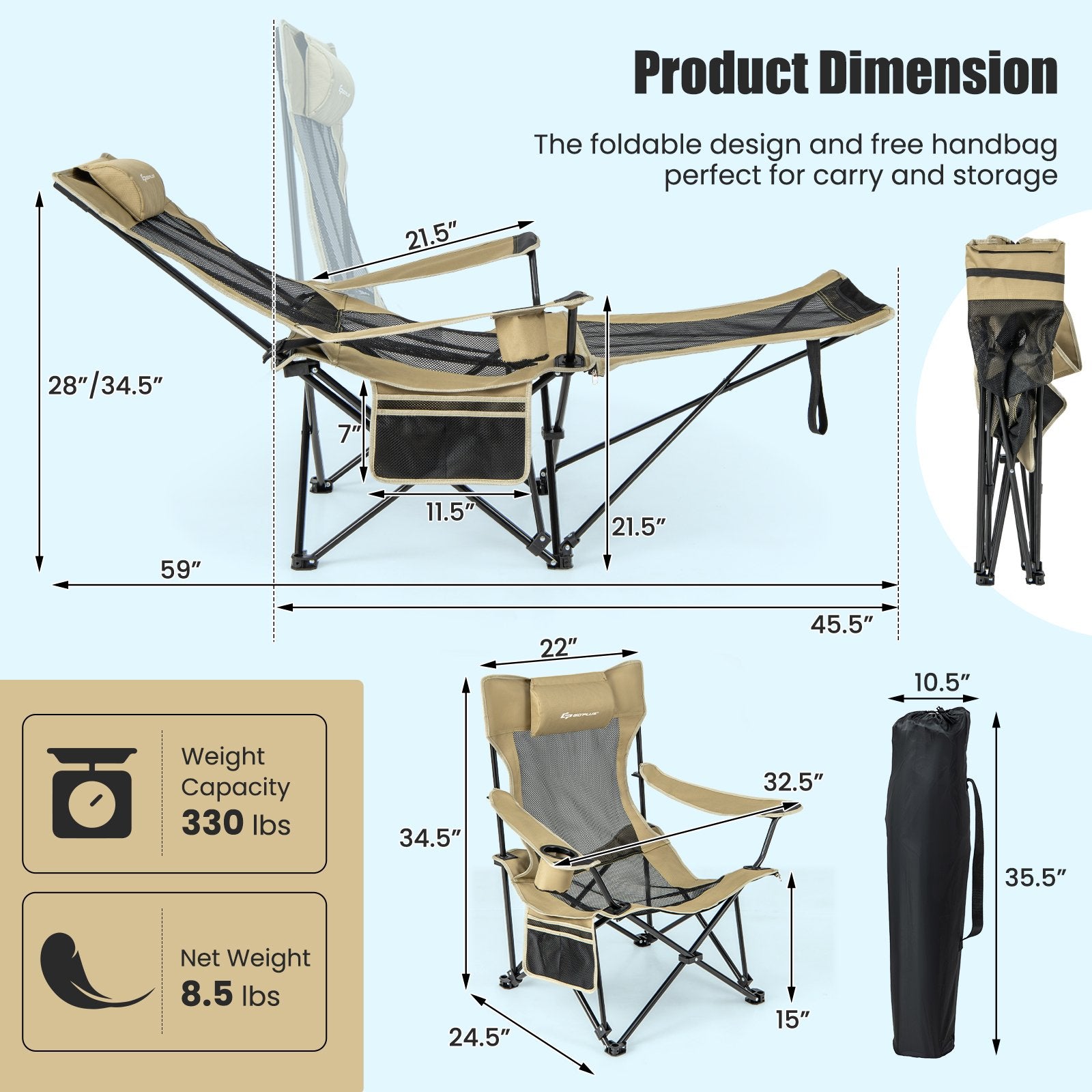 Camping Lounge Chair with Detachable Footrest Adjustable Backrest, Khaki Camping Furniture   at Gallery Canada