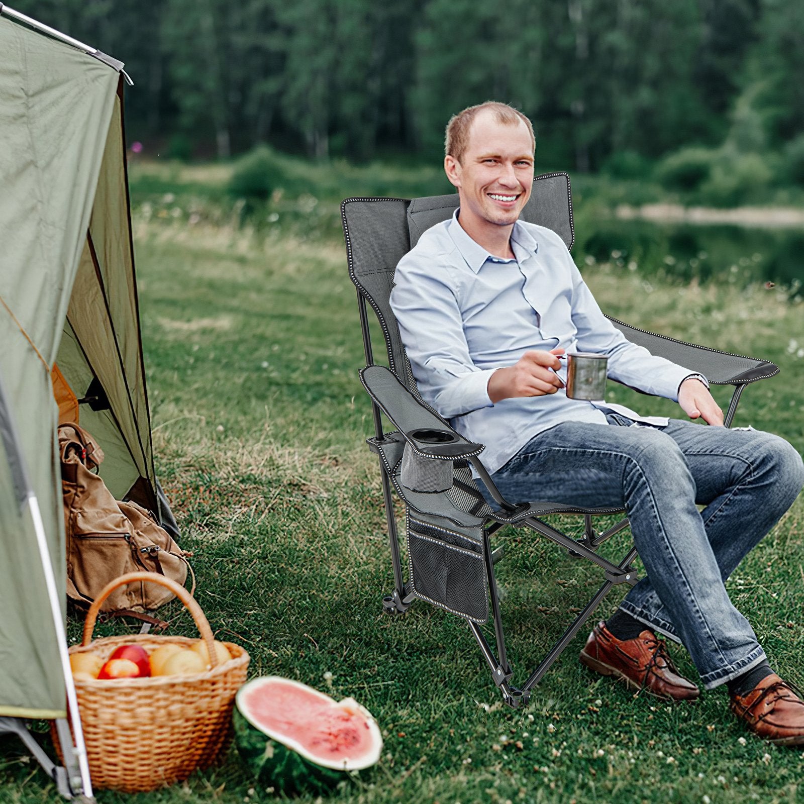 Camping Lounge Chair with Detachable Footrest Adjustable Backrest, Gray Camping Furniture   at Gallery Canada