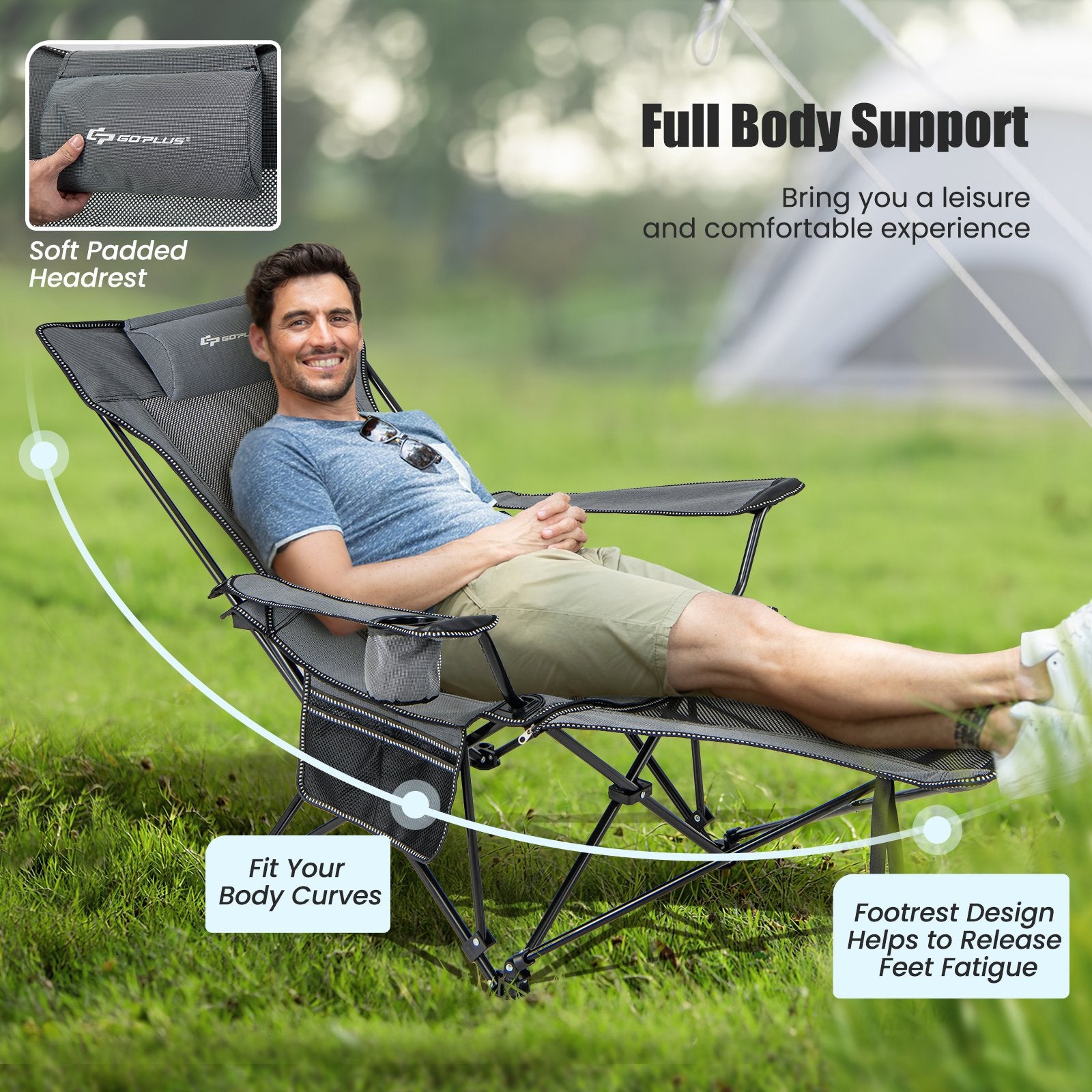 Camping Lounge Chair with Detachable Footrest Adjustable Backrest, Gray Camping Furniture   at Gallery Canada