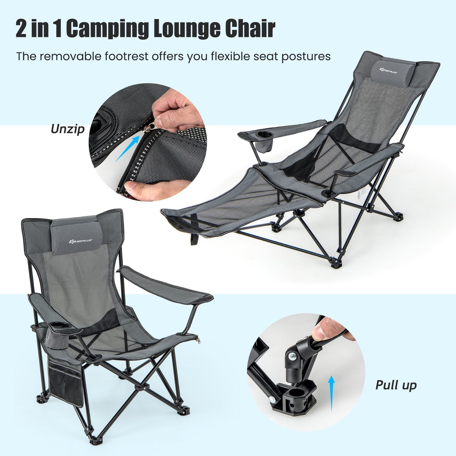 Camping Lounge Chair with Detachable Footrest Adjustable Backrest, Gray Camping Furniture   at Gallery Canada