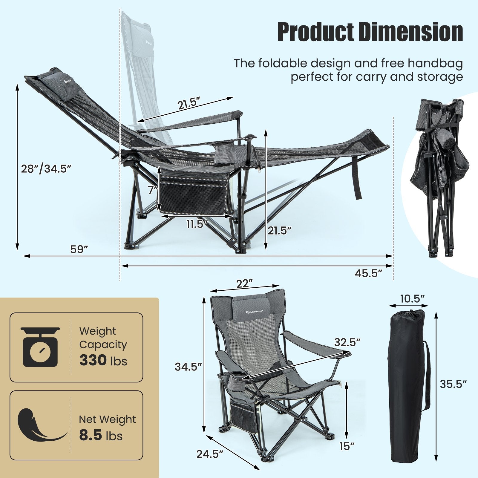 Camping Lounge Chair with Detachable Footrest Adjustable Backrest, Gray Camping Furniture   at Gallery Canada