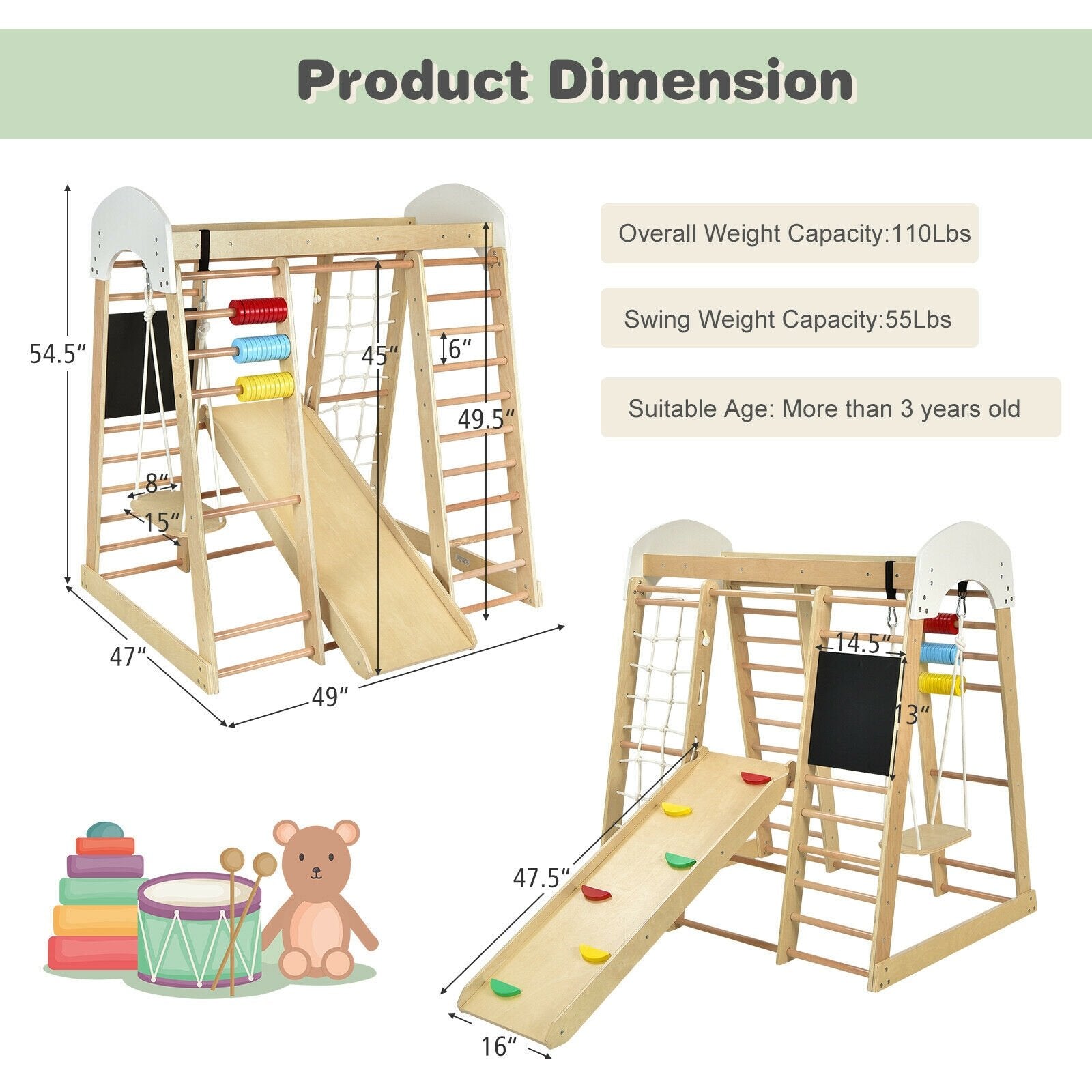 Indoor Playground Climbing Gym Wooden 8-in-1 Climber Playset for Children, Natural Climbers & Slides   at Gallery Canada