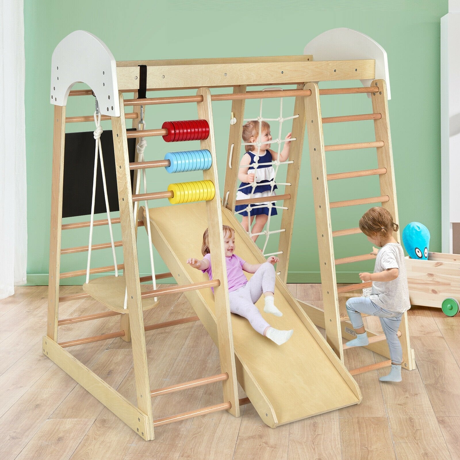 Indoor Playground Climbing Gym Wooden 8-in-1 Climber Playset for Children, Natural Climbers & Slides   at Gallery Canada