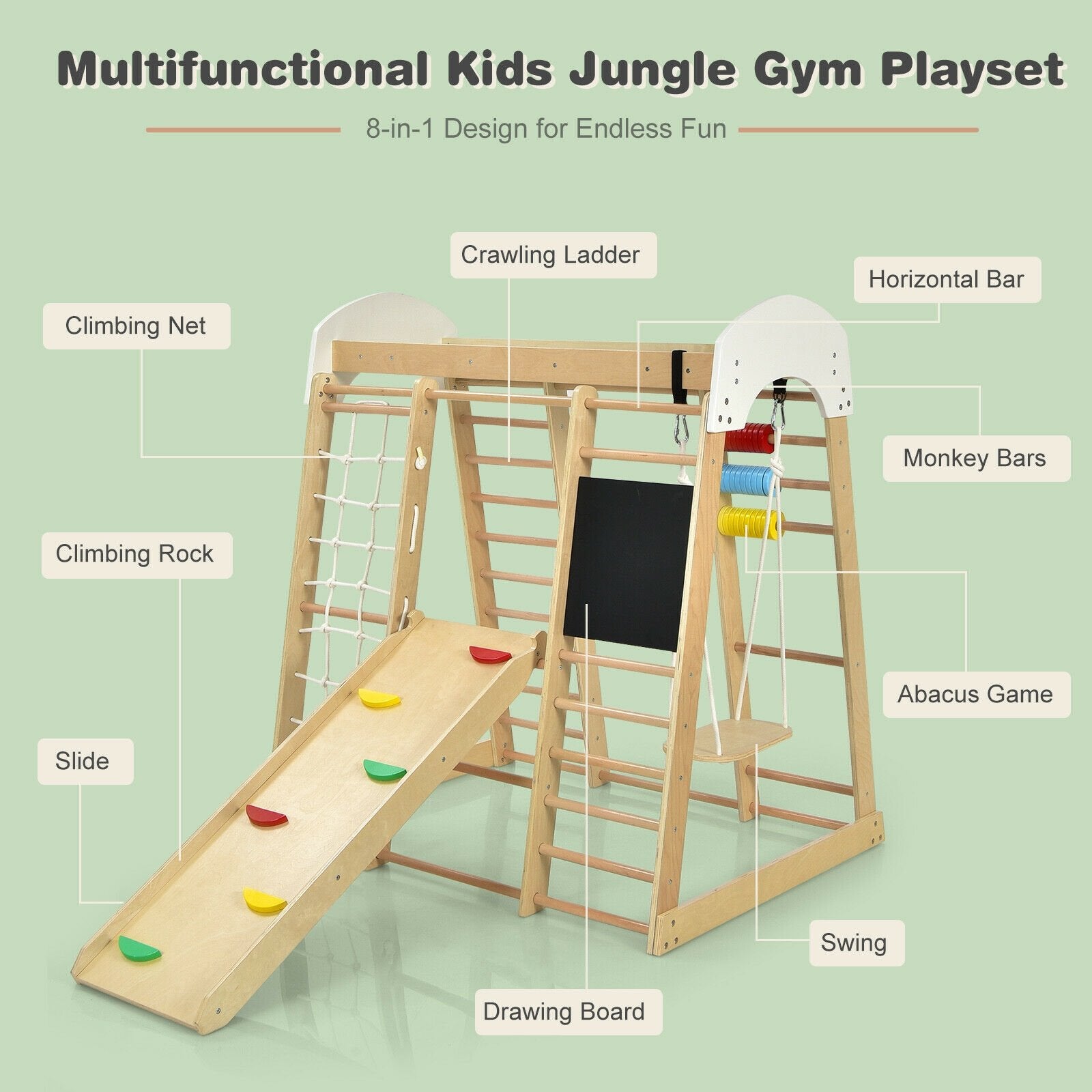 Indoor Playground Climbing Gym Wooden 8-in-1 Climber Playset for Children, Natural Climbers & Slides   at Gallery Canada