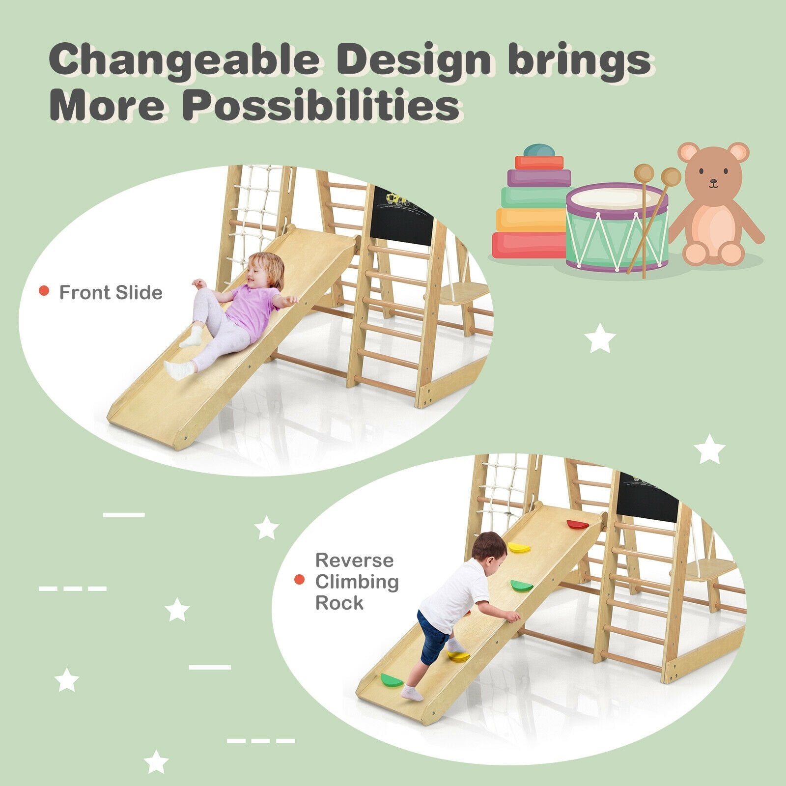 Indoor Playground Climbing Gym Wooden 8-in-1 Climber Playset for Children, Natural Climbers & Slides   at Gallery Canada