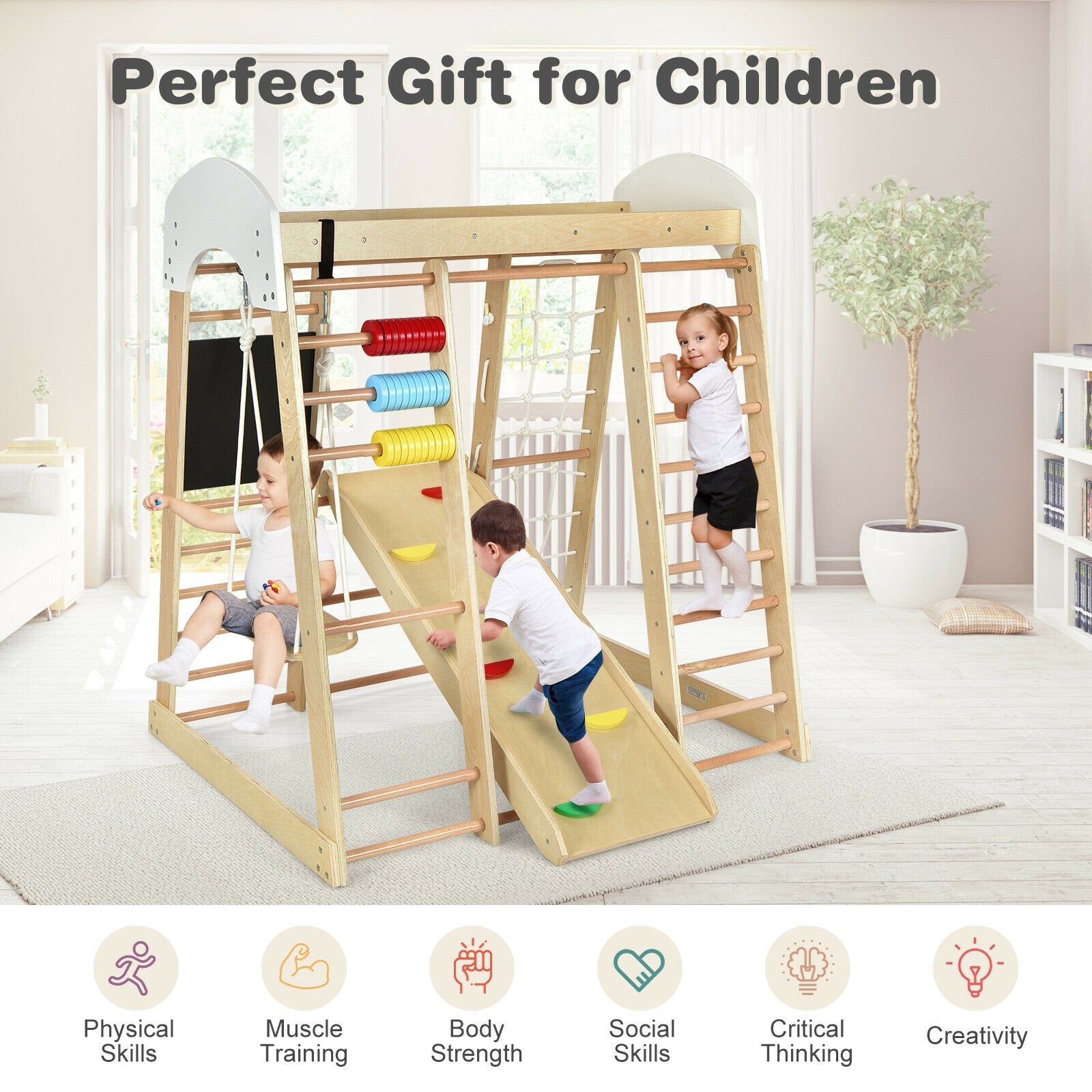 Indoor Playground Climbing Gym Wooden 8-in-1 Climber Playset for Children, Natural Climbers & Slides   at Gallery Canada