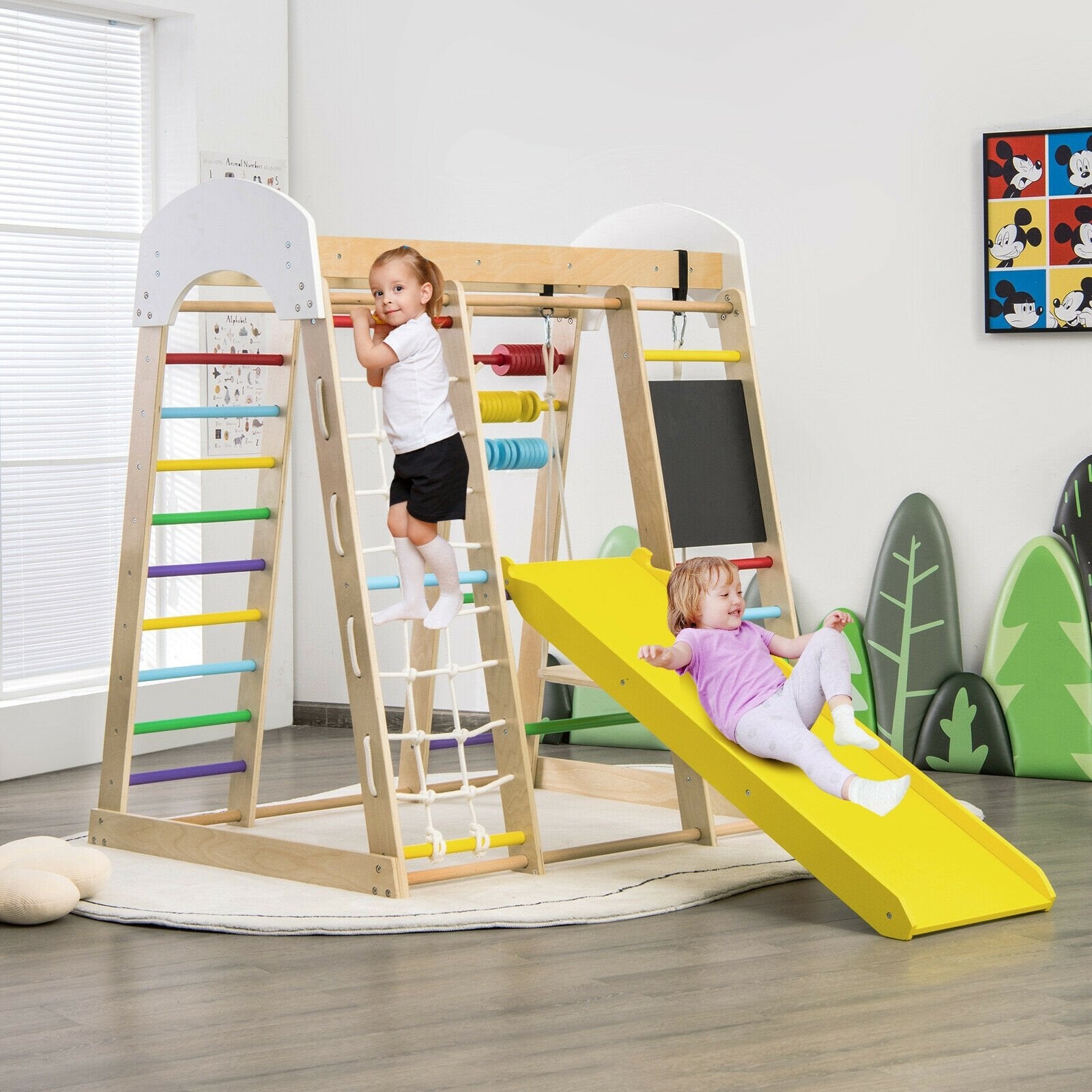 Indoor Playground Climbing Gym Wooden 8-in-1 Climber Playset for Children, Multicolor - Gallery Canada