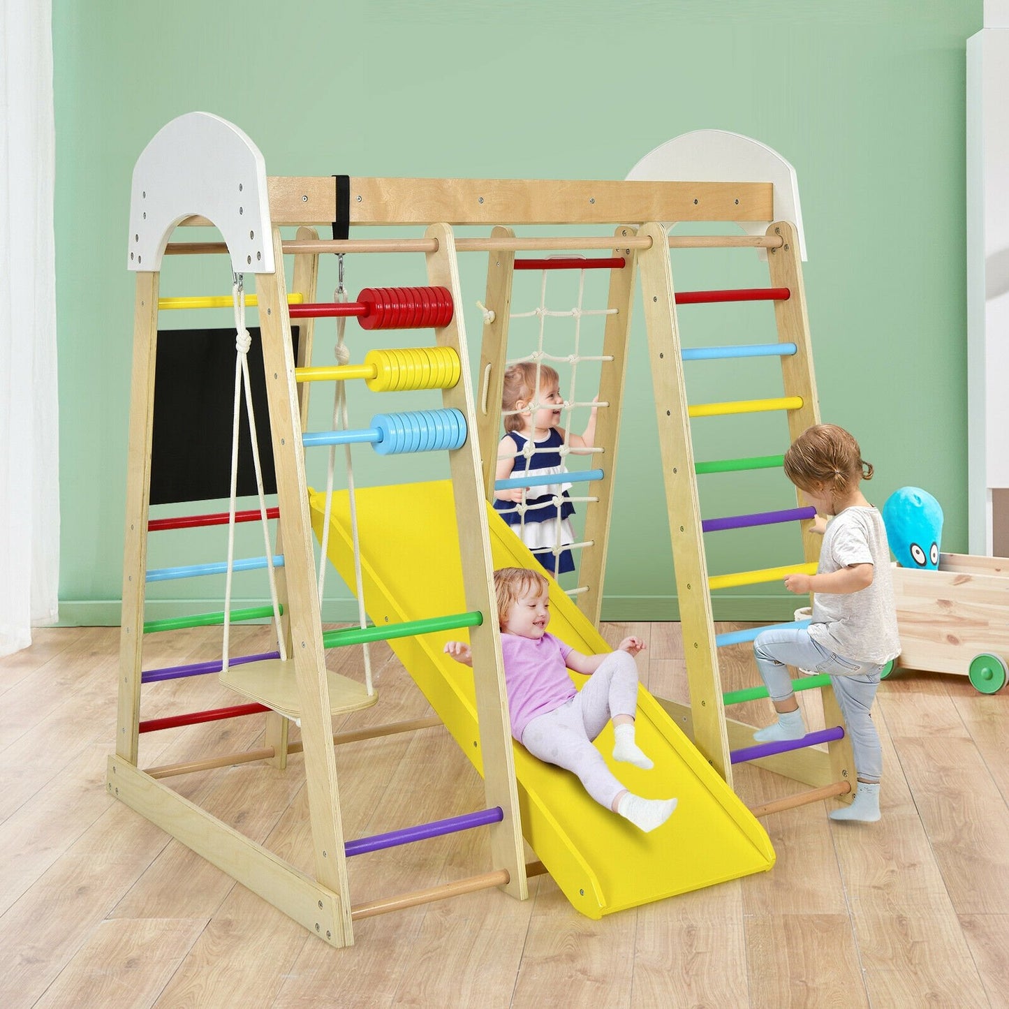 Indoor Playground Climbing Gym Wooden 8-in-1 Climber Playset for Children, Multicolor - Gallery Canada