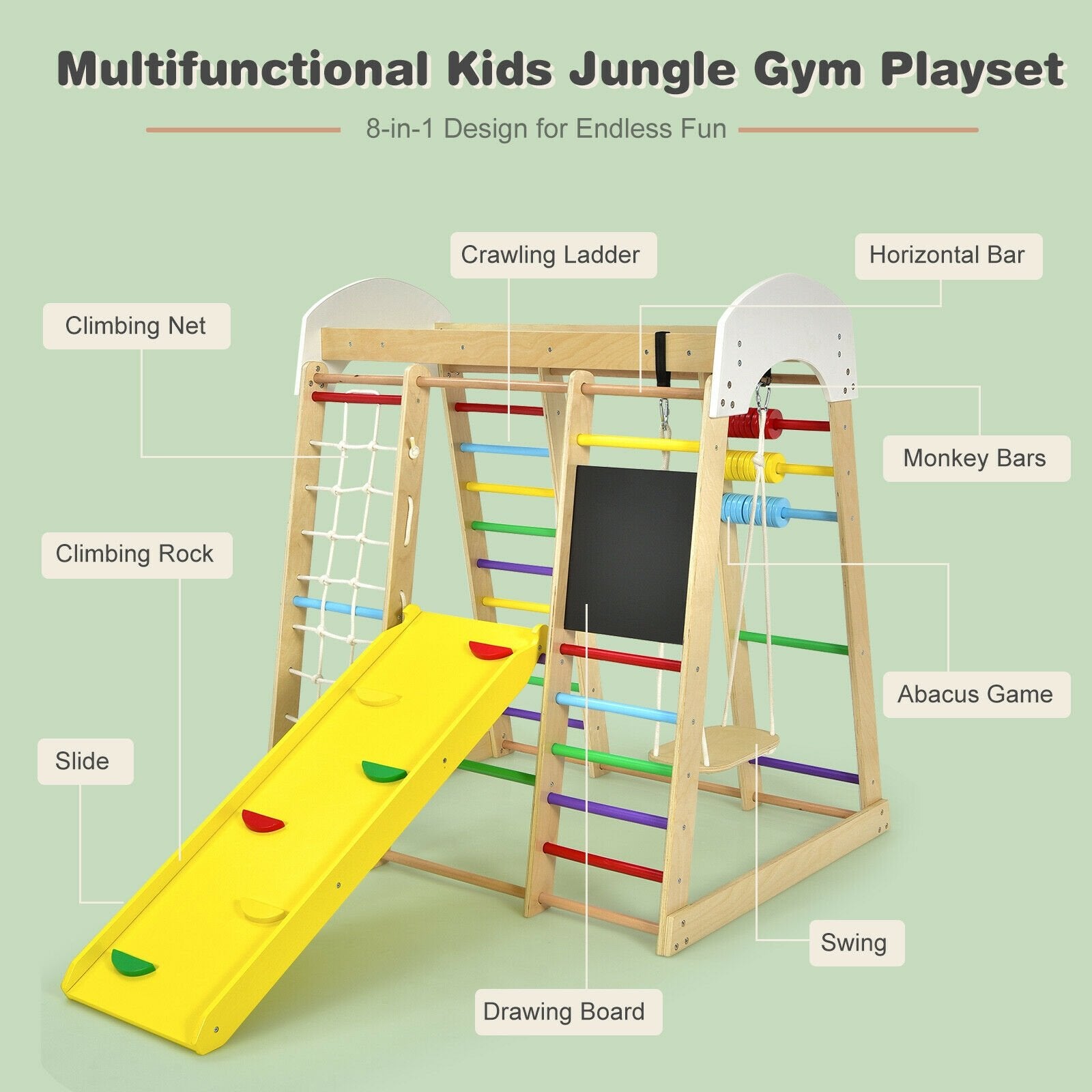 Indoor Playground Climbing Gym Wooden 8-in-1 Climber Playset for Children, Multicolor Climbers & Slides   at Gallery Canada