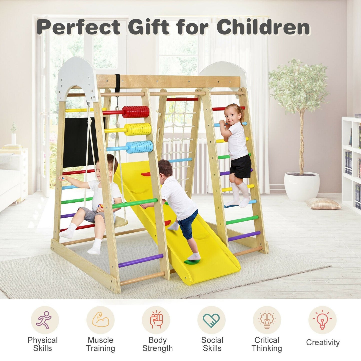 Indoor Playground Climbing Gym Wooden 8-in-1 Climber Playset for Children, Multicolor - Gallery Canada