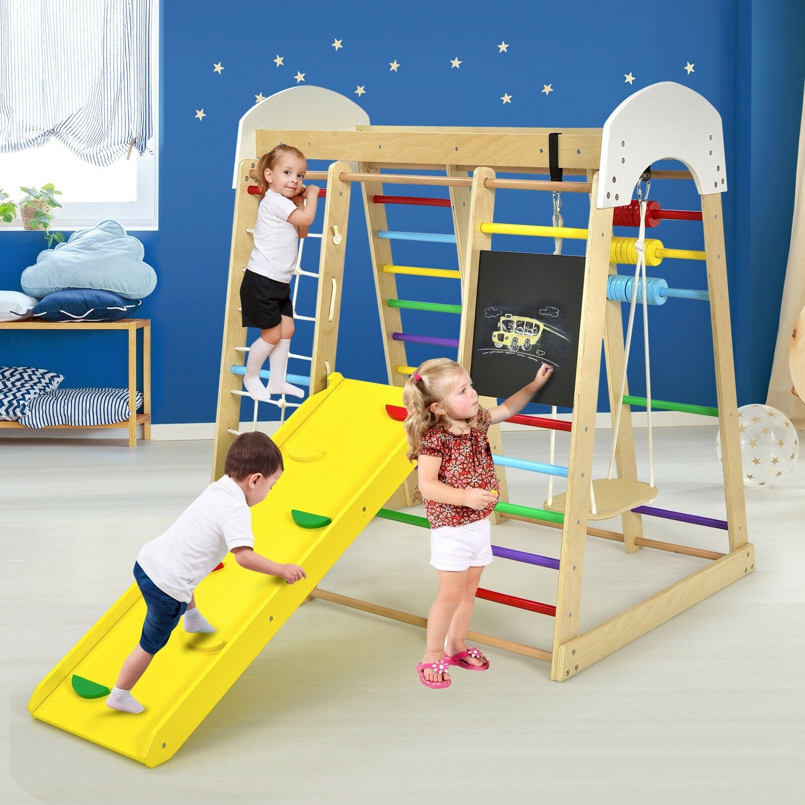 Indoor Playground Climbing Gym Wooden 8-in-1 Climber Playset for Children, Multicolor Climbers & Slides   at Gallery Canada