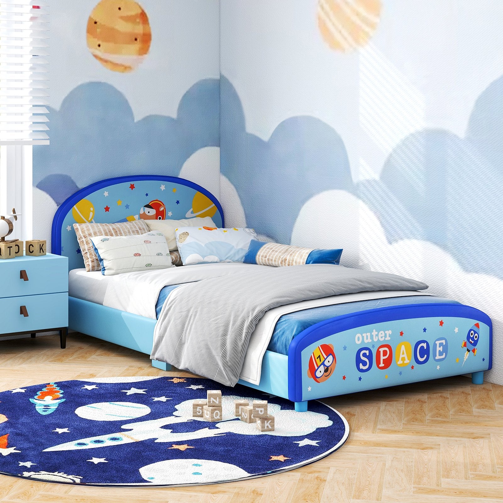 Wood Upholstered Twin Bed Platform with Slat Support, Blue Toddler Beds   at Gallery Canada