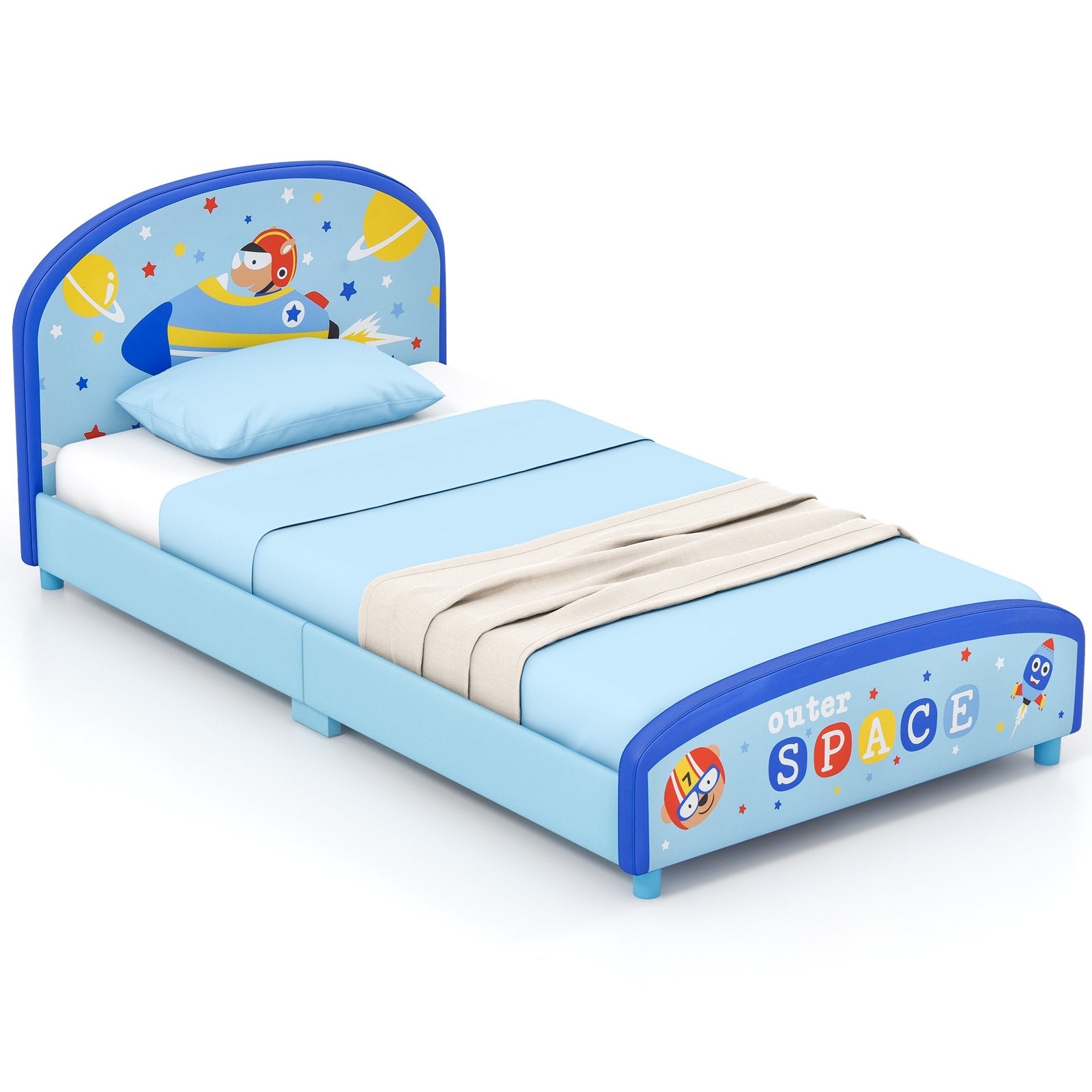 Wood Upholstered Twin Bed Platform with Slat Support, Blue Toddler Beds   at Gallery Canada