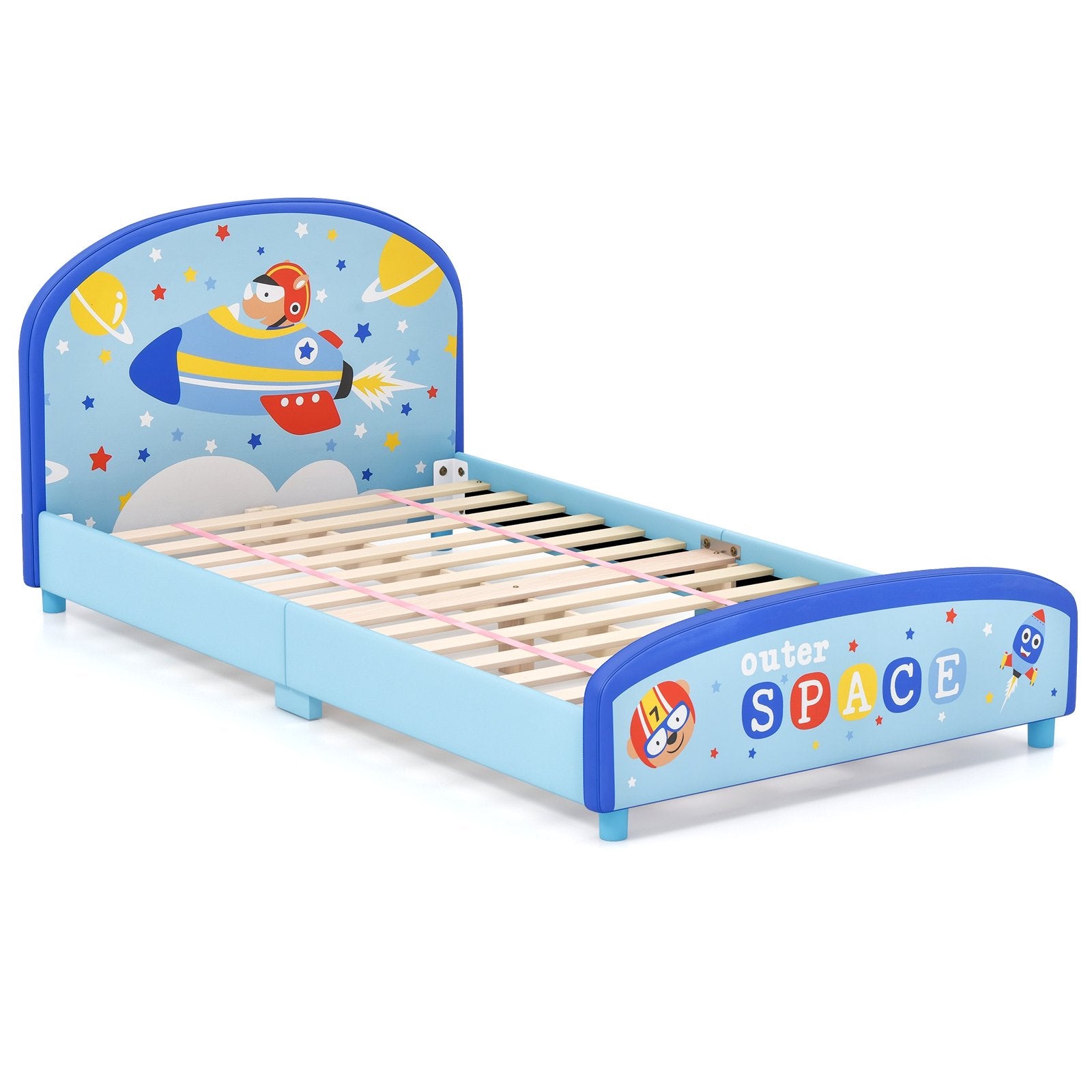 Wood Upholstered Twin Bed Platform with Slat Support, Blue Toddler Beds   at Gallery Canada