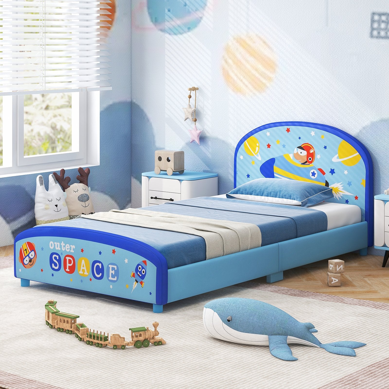 Wood Upholstered Twin Bed Platform with Slat Support, Blue Toddler Beds   at Gallery Canada