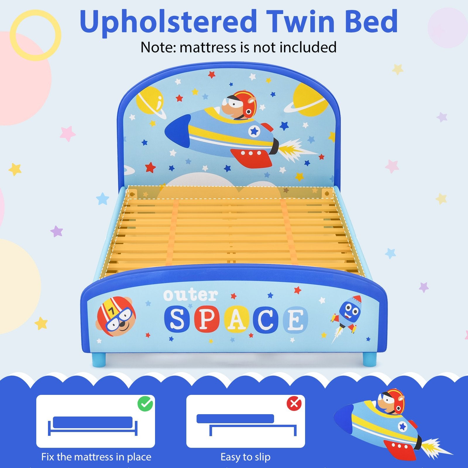 Wood Upholstered Twin Bed Platform with Slat Support, Blue Toddler Beds   at Gallery Canada