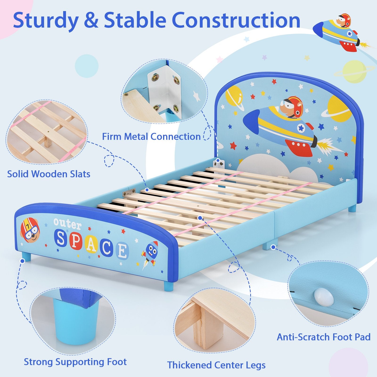 Wood Upholstered Twin Bed Platform with Slat Support, Blue Toddler Beds   at Gallery Canada